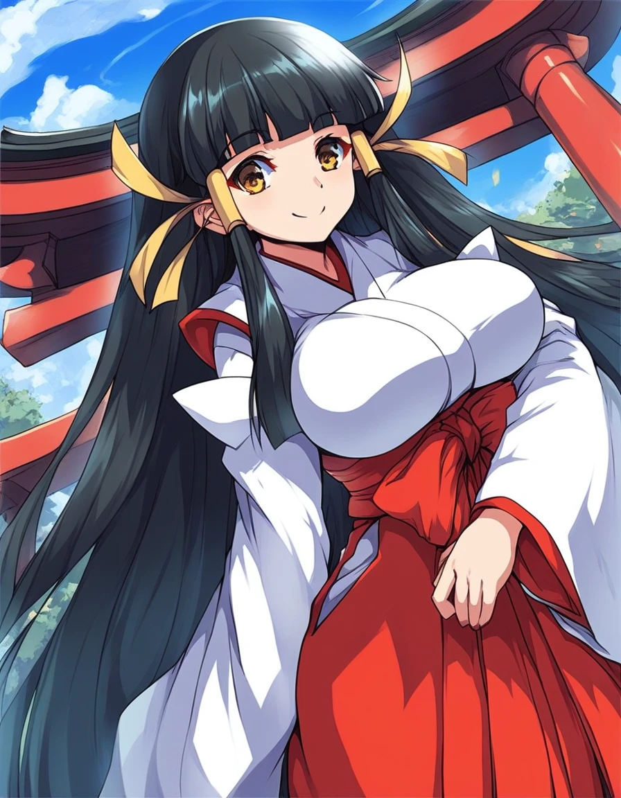 score_9, score_8_up, score_7_up, source_anime, rating_explicit, BREAK  <lora:Kasuga_Maori_XL:1> KasugaMaori, very long hair, black hair, large breasts, hair ribbon, brown eyes, hair tubes, bangs, yellow ribbon, yellow eyes, hime cut,
smile, 
japanese white clothes, miko, red hakama, shrine, blue sky,