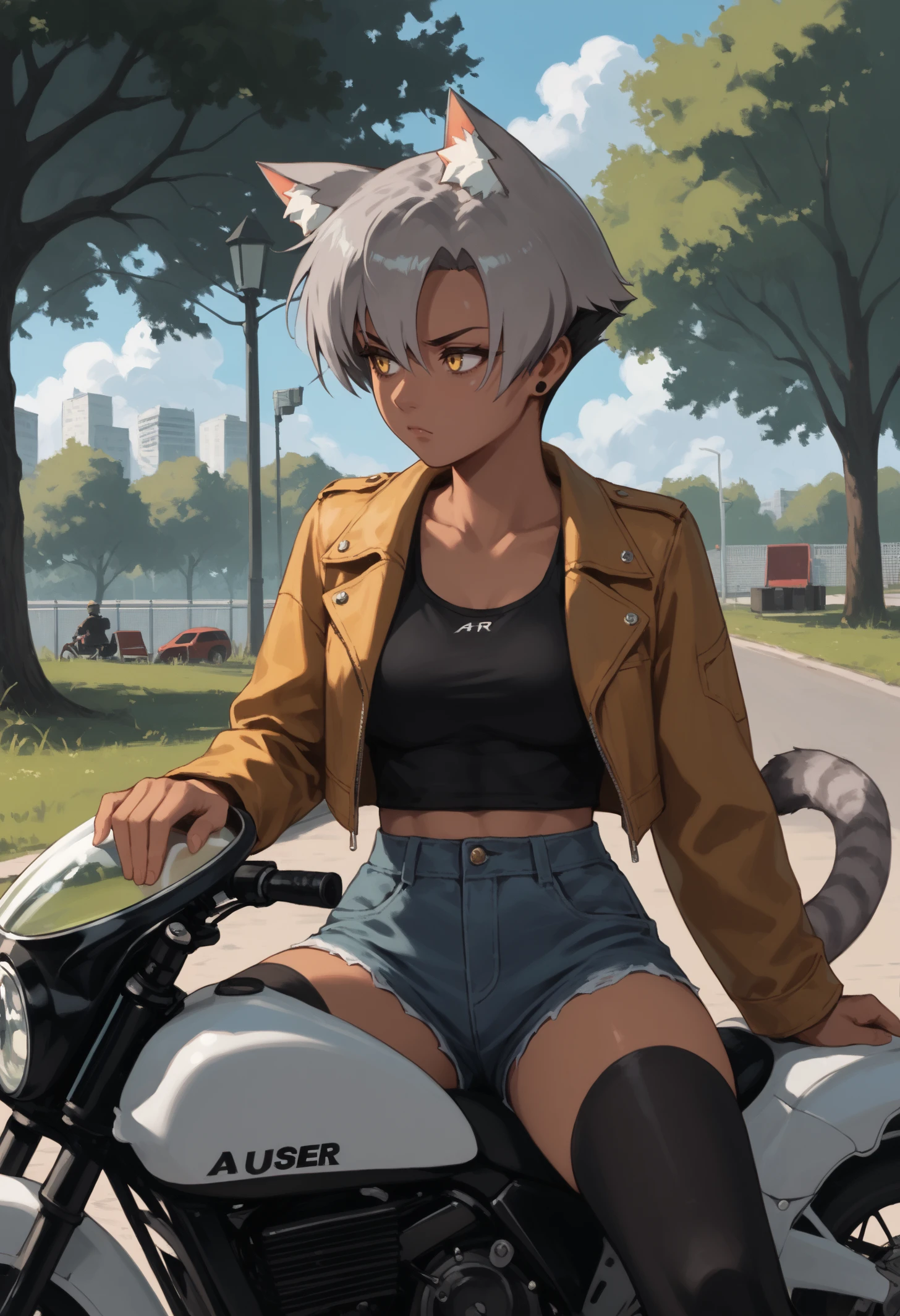 score_9, score_8_up, score_7_up, 1girl, KaraVert, dark-skinned female, dark skin, animal ears, striped tail, grey tail, yellow eyes, grey hair, short hair, stud earrings, 
leather jacket, black tank top, denim shorts, black thighhighs, 
looking to the side, cool, serious, sitting on motorcycle, holding helmet, helmet removed,
outdoors, park, sunbeam, sunlight, wind, cloud,
<lora:Kara-VertigrisPDXL_V1-Manityro-CAME:1.0>,