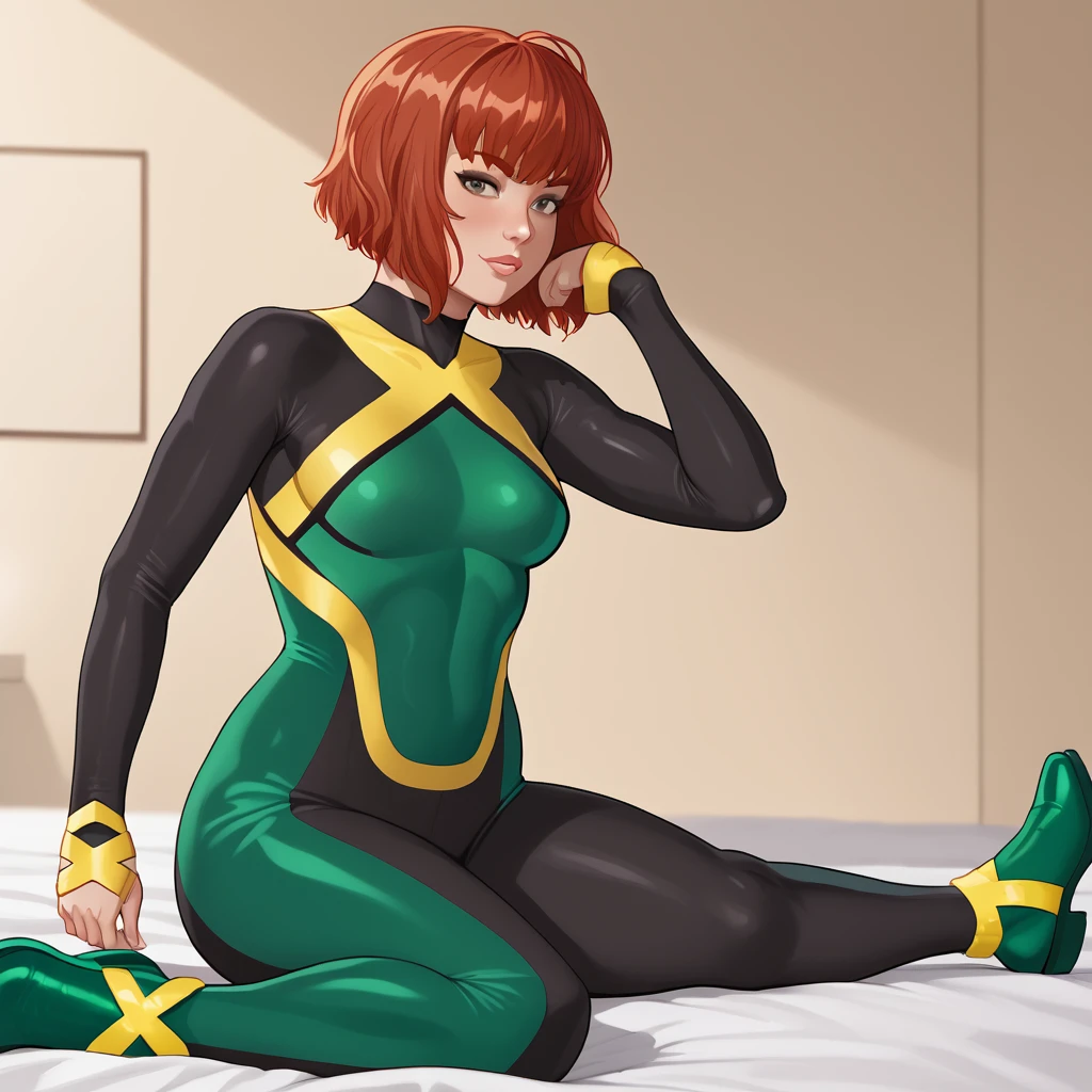 <lora:jeangreymarvelnow_pony_v1:1>jeangreymarvelnow, 1girl, short hair, green bodysuit, green footwear, medium breasts, bangs, red hair, black bodysuit