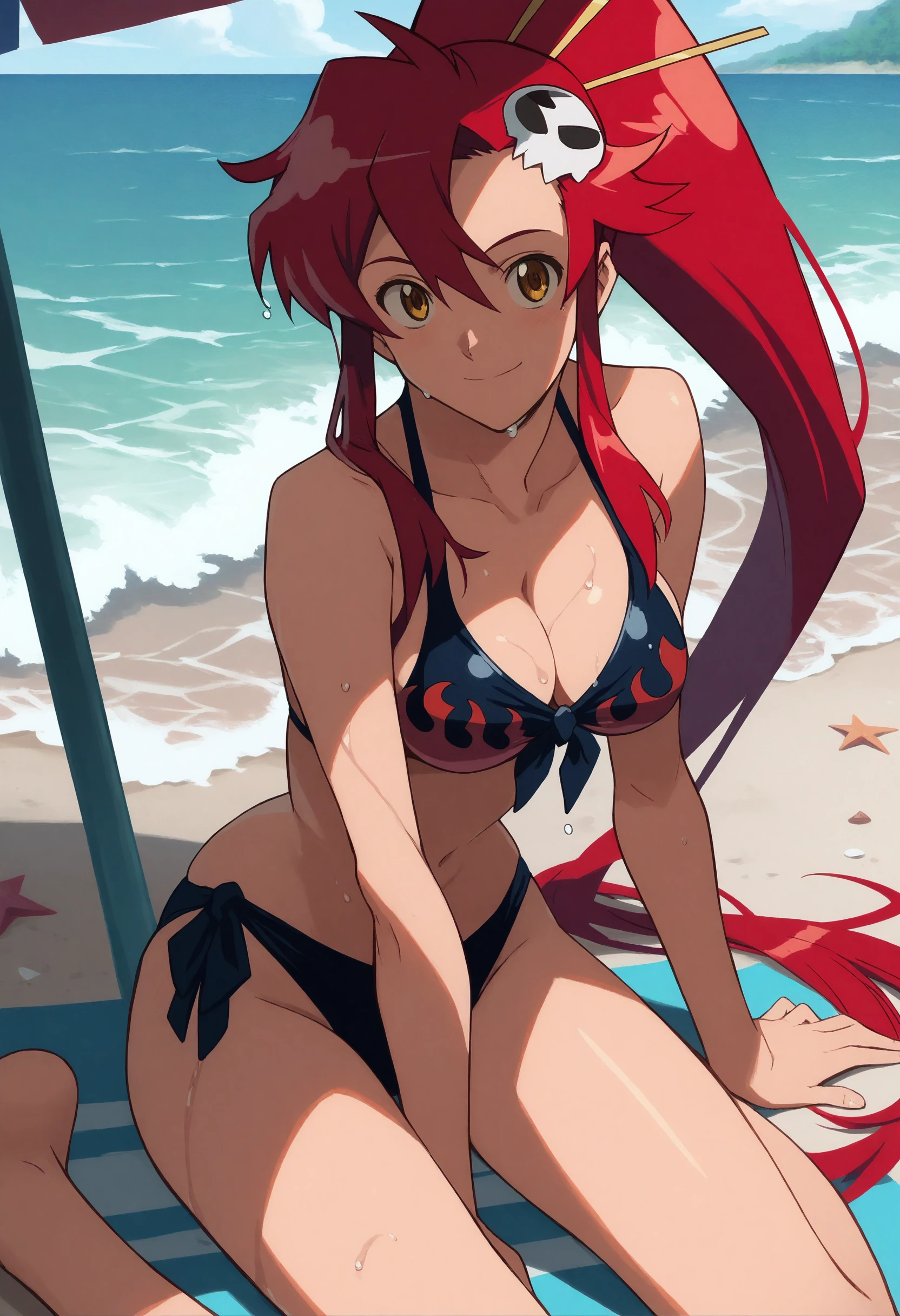 score_9, score_8_up, score_7_up, score_6_up, score_5_up, score_4_up,sitting,smile,swimsuit,detailed,beach,waves,wet hair, cleavage medium breast, <lora:Smooth Anime 2 Style SDXL_LoRA_Pony Diffusion V6 XL:1>  <lora:y0k0L1ttn3rPnyV1:1> y0k0l1ttn3r, red hair, 1girl, long hair, ponytail, yellow eyes, skull hair ornament