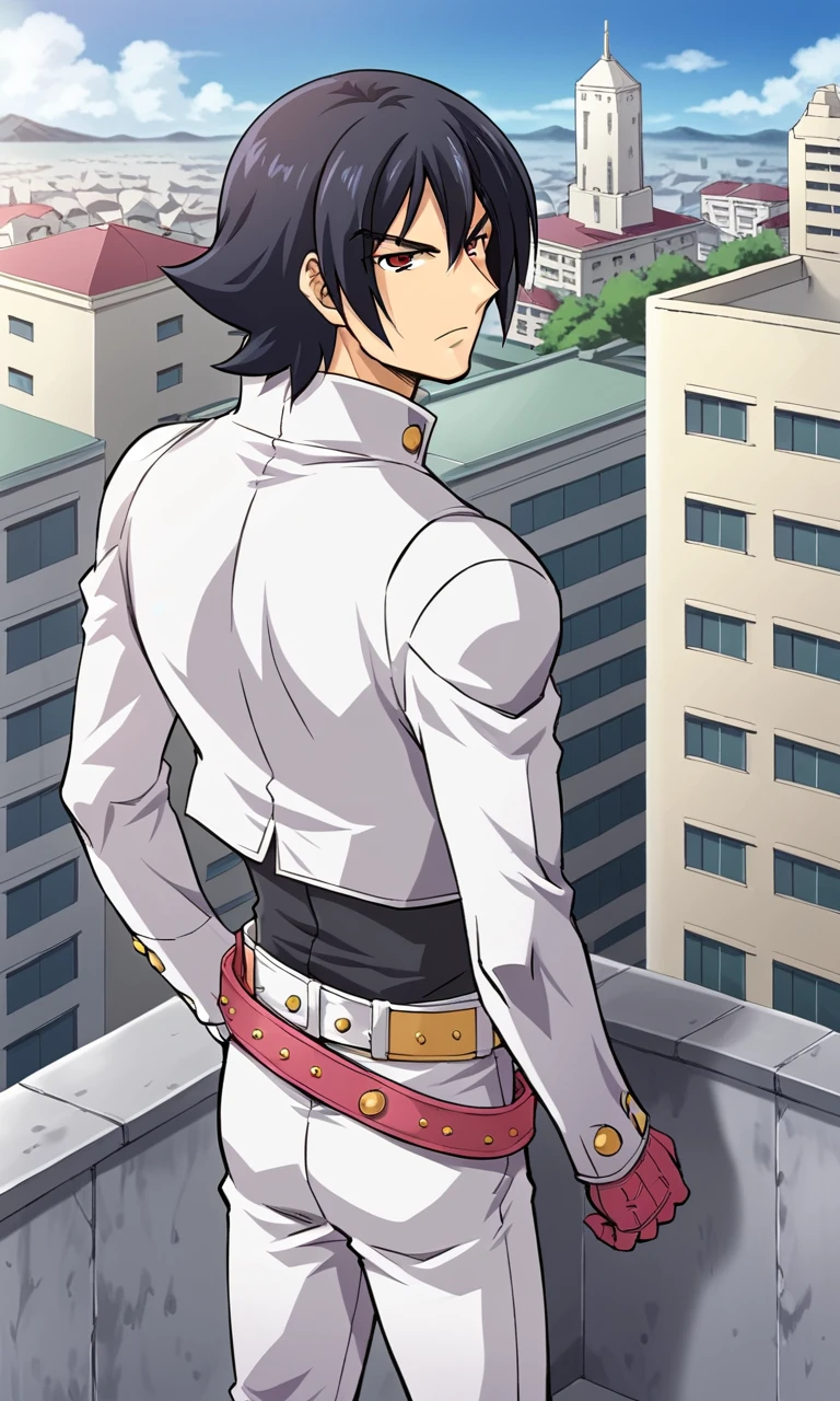 1boy, solo, zanmarouga, short hair, red eyes, white jacket, black shirt, pink gloves, white pants, belt, standing, outdoors, rooftop, cityscape, from back, serious, looking at viewer,