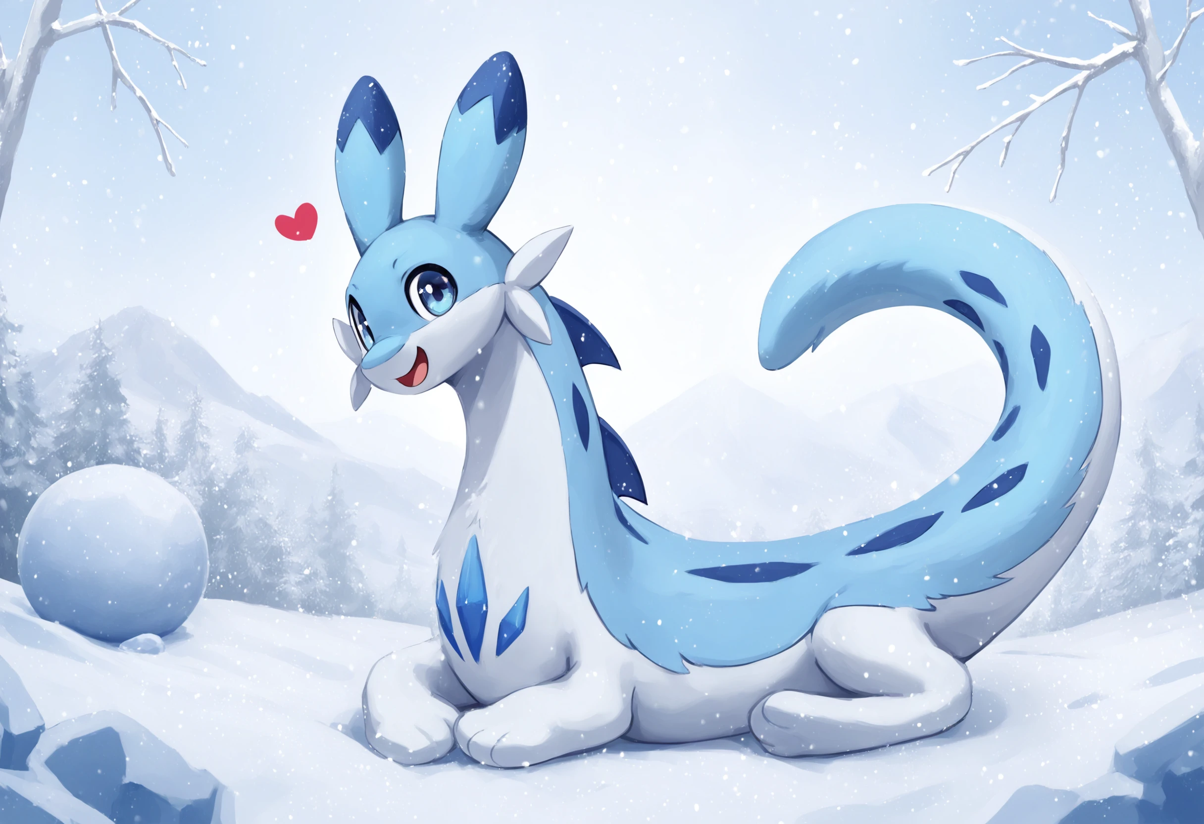 score_9, score_8_up, score_7_up, source_anime BREAK
winter background, snow, ice
Chillet_Palworld, feral, light blue fur, blue eyes happy, white underbelly,blue back spikes, blue chest markings, blue spots, blue-tipped ears, whiskers, long animal ears, long tail, lying, on stomach smile, looking at viewer, smile
standing, snowball, head tilt, (facing viewer:1.2), looking at viewer,  open mouth, heart, (four legs:1.3)
sideview, from side
detailed background, beautiful scenery
<lora:add-detail-xl:1>
<lora:Chillet_Palworld:1>