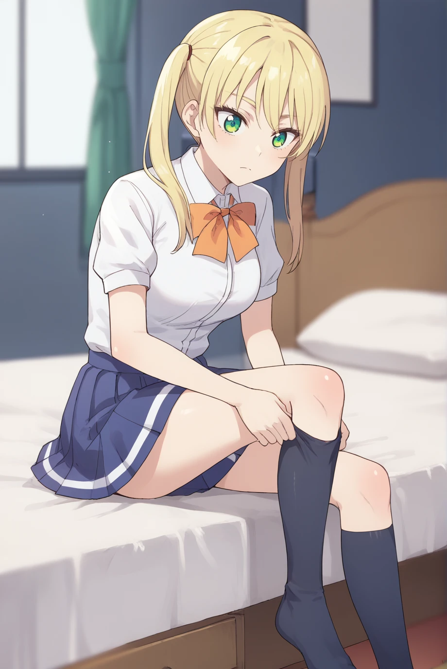 masutepiece, Best Quality,illustratio,Anime-style art style,Cinematic lighting,Detailed Focus:1.3, 1womanl,(Ahayasaka, Side Ponytail, medium breasts, Necklace, Collared shirt, Black vest, sleeves rolled up, clothes around waist, Black skirt),In a love hotel,on the beds,((Lying on your back:1.4)),(Open your legs:1.4),Crotch wide open, White underwear ,White string panties,Looking at Viewer, medium breasts, Beautiful detailed eyes, (A smile:1.2),((((Low position shots:1.6)))),(Close-up in panties:1.45),