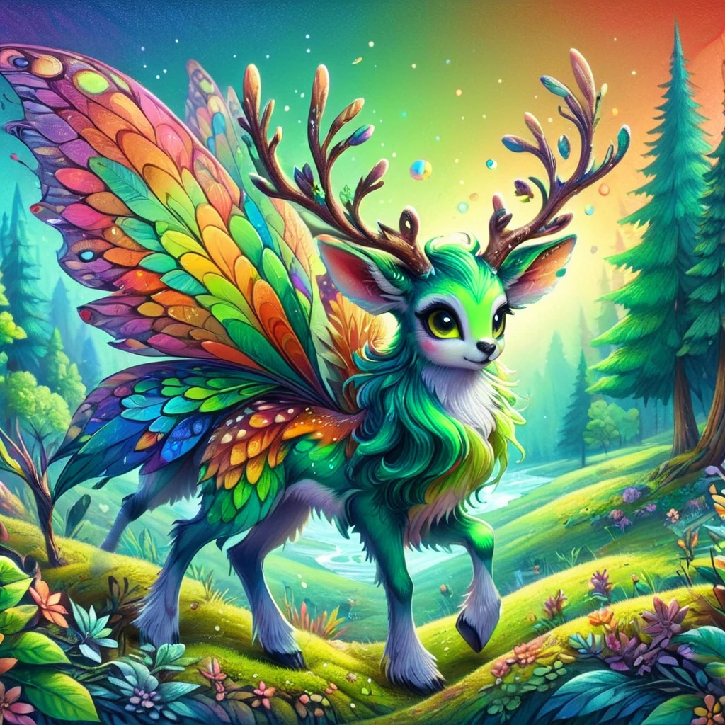 cr4y0n, fantastical appearance, fairy deer, vibrant landscape, warm to cool sky tones, colorful cartoon, green feathers, gradient colors, colorful <lora:Colorful_Crayons:1>