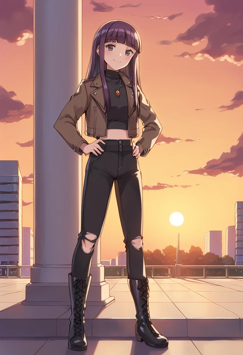 score_9, score_8_up, score_7_up, source_anime, BREAK
fujiwara zakuro, 1girl, long hair, blue eyes, purple hair, smile, necklace, hand on hip, solo, casual, sunset, purple eyes, cloud, long sleeves, standing, black pants, high-waist pants, torn pants, outdoors, looking at viewer, pendant, blunt bangs, turtleneck, open jacket, eyelashes, black shirt, building, twilight, closed mouth, shiny hair, looking at another, midriff, light smile, hands on hips, blush, hair down, from behind, backlighting, happy, hand on own hip, brown jacket, leather jacket, cloudy sky, orange sky, dusk,  knee boots, black footwear, midriff, full body, 
<lora:mew_zakuro_fujiwara_zakuro_sdxl_locon_pony_v1:0.7>