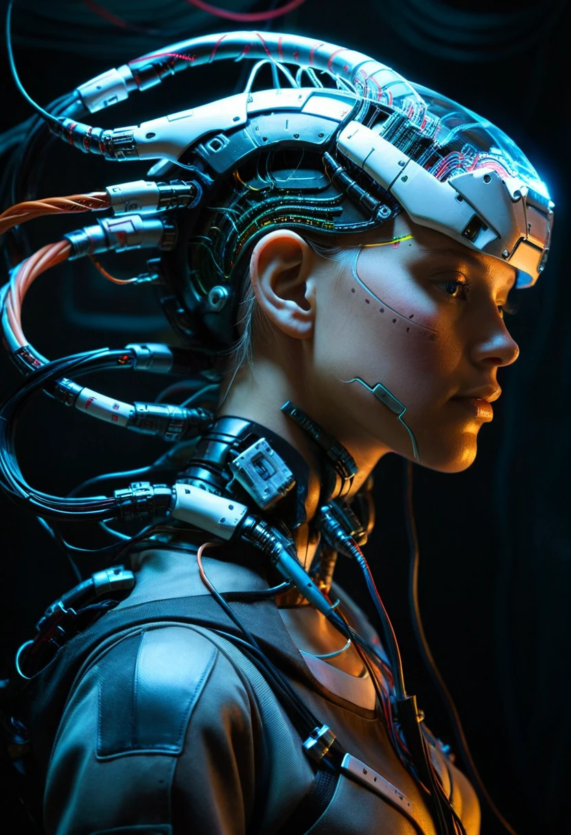 7-jackedin, woman wearing headpiece, cables coming from head, sci fi, cyberpunk, reflections, realistic, cyborg, robotic circuits, glowing fibre optic cables
