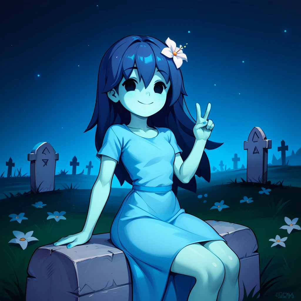 <lora:spooky (6):1>,1girl,ghost girl,spooky (sjm),colored skin,solid oval eyes,transparent,blue dress,
outdoors,graveyard,tombstone,night,night sky,star \(sky\),fog,graveyard fog,white flower,
looking at viewer,smile,hand up,v,hand on own hip,sitting on tombstone,, score_9, score_8_up, score_7_up, perfect anatomy, source_anime, zPDXL2,