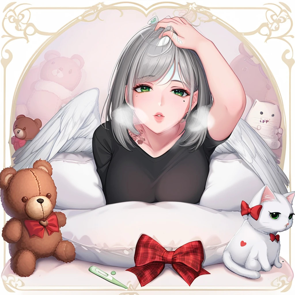 feathered wings, grey hair, teddy bear, headpat, green eyes, lips, dated, heavy breathing, standing, bottomless, tattoo, black shirt, pillow, white shirt, red bow, cat, looking at viewer, breath, on stomach, toothbrush, tissue, full body, plaid panties, mole, heart of string