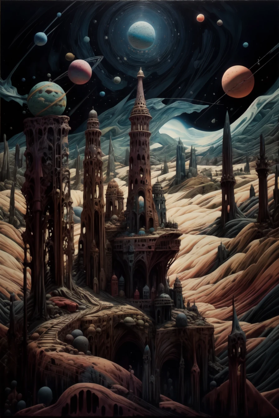 wizard on a cliff,<lora:art:1> artï¼desert landscape, fantasy artstyle, graveyard, collapsing planets in the sky