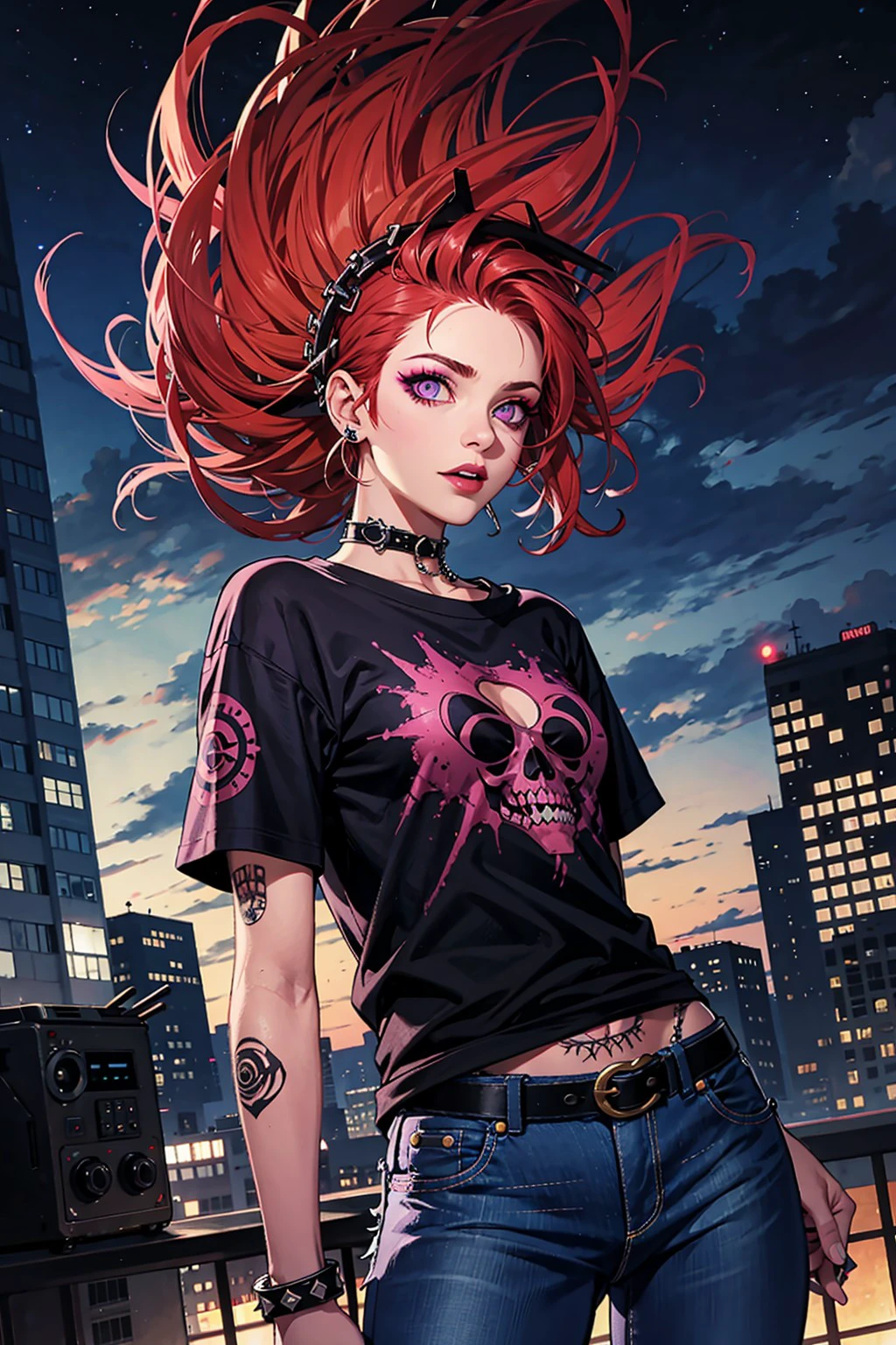 (masterpiece, best illustration, extreme light and shadow), 1boy, solo, (male focus:.7), transgender male, red hair, green hair, purple eyes, two tone hair, long hair, wearing a black and pink anime tshirt, denim jeans, goth makeup, wristband, emo punk style, (punk:1.5), jewelry, depth of field, tattoos, minneapolis, (night sky:1.2), wind swept hair, (sidelighting), (volumetric lighting)