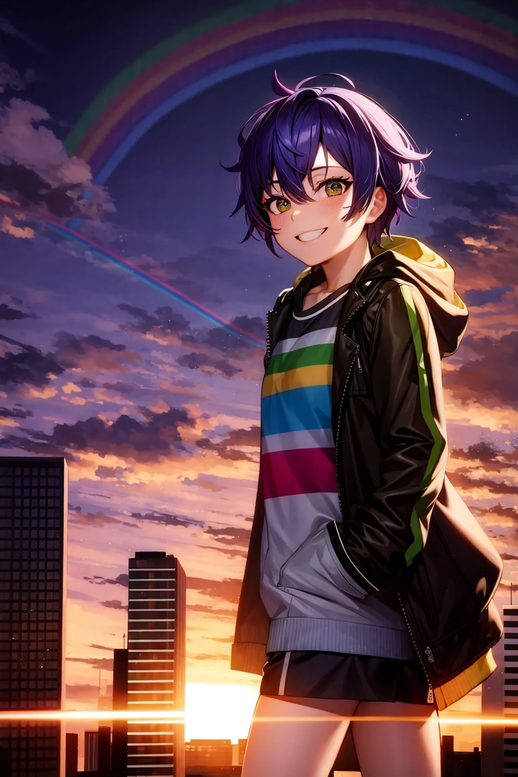 best quality, masterpiece, ultra high res, 1boy, male focus, non binary, blocky shoulders, rainbow hair, gay pride flag dress, gender diverse, pride flag, long sleeve, jacket, shirt, smile, pride parade, outdoors, city, sunset, specular reflection, tonemapping, particle effects