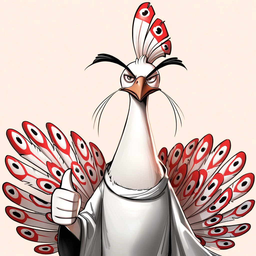 score_7_up, score_8_up, upper body, digital painting,
BREAK
packshen, bird, white feathers, peacock feathers, red markings, white robe, clothing, winged hands, annoyed, irritated, squint, unfurled feathers, (thumbs up:1.15), looking at viewer, simple background,