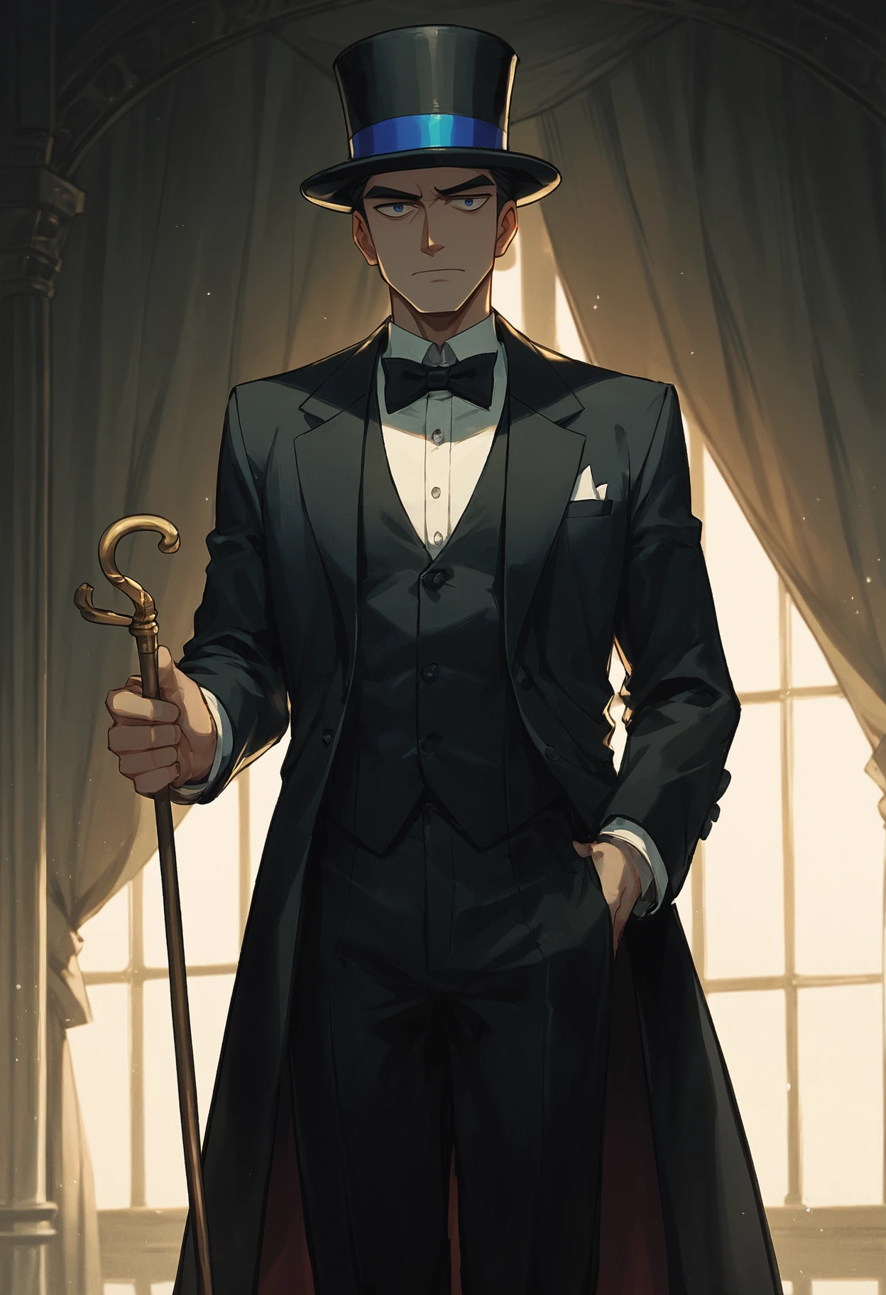 score_9_up, score_8_up, score_7_up, haughty stare, 1boy, tuxedo, top hat, holding a cane, regal, nobility, promenade, dramatic lighting