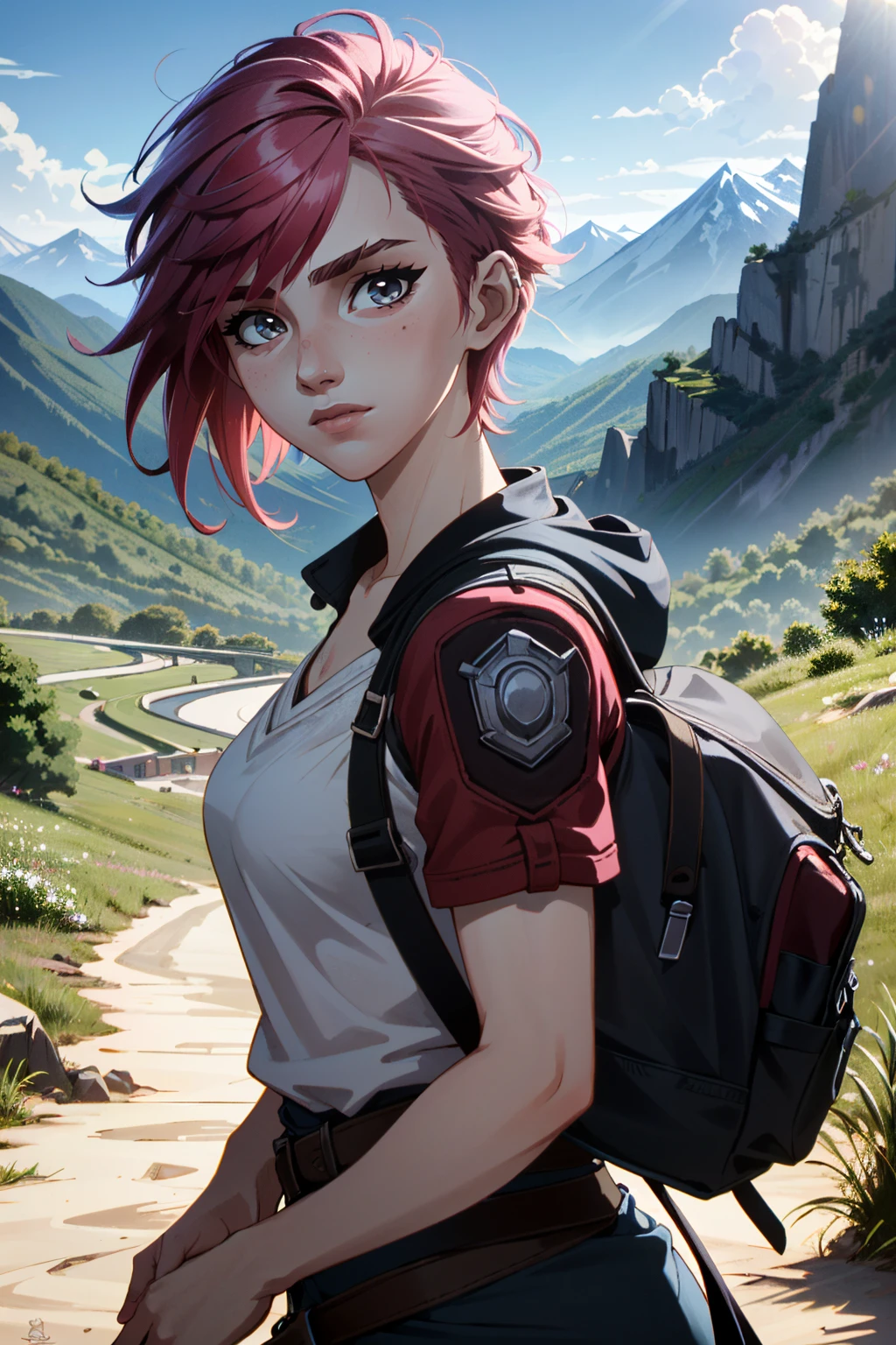 ((ultra detailed, masterpiece, absurdres))
<lora:ALVi:0.8>
ALVi, 1girl, pink hair, short hair, looking at viewer, mountain trail, midday, clear and crisp light illuminating the landscape