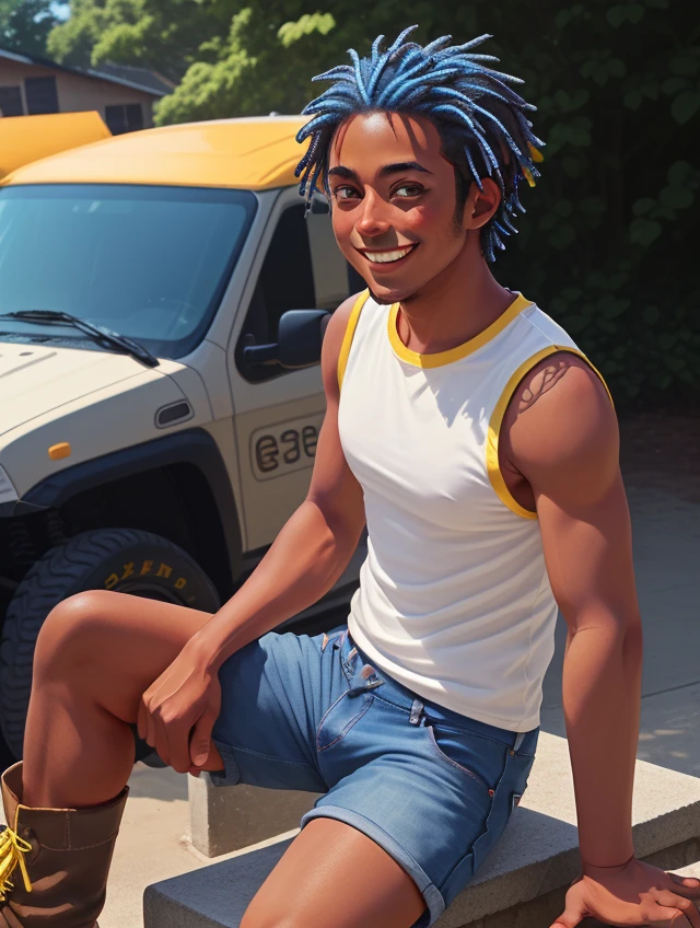 <lora:Western Bay:1>, 1boy, (dark-skinned_male:1.1), sleeveless shirt, blue hair, brown_eyes, yellow shrt, boots, jean shorts, outdoors, working!!,  smile, dark_skin, black_man,