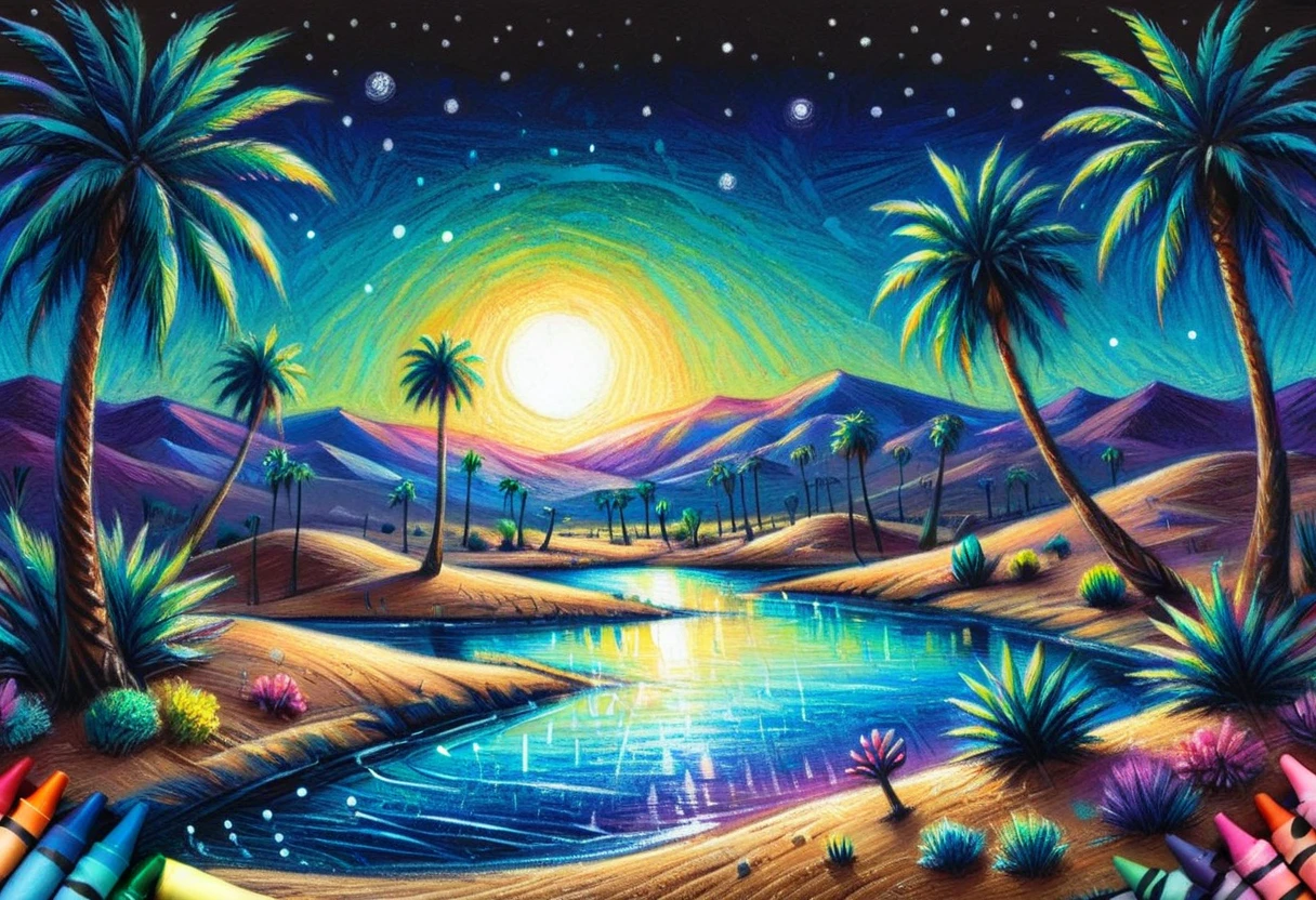 cr4y0n, colorful, crayon drawing, landscape, desert oasis at night, palm trees, glittering water <lora:Colorful_Crayons:1>