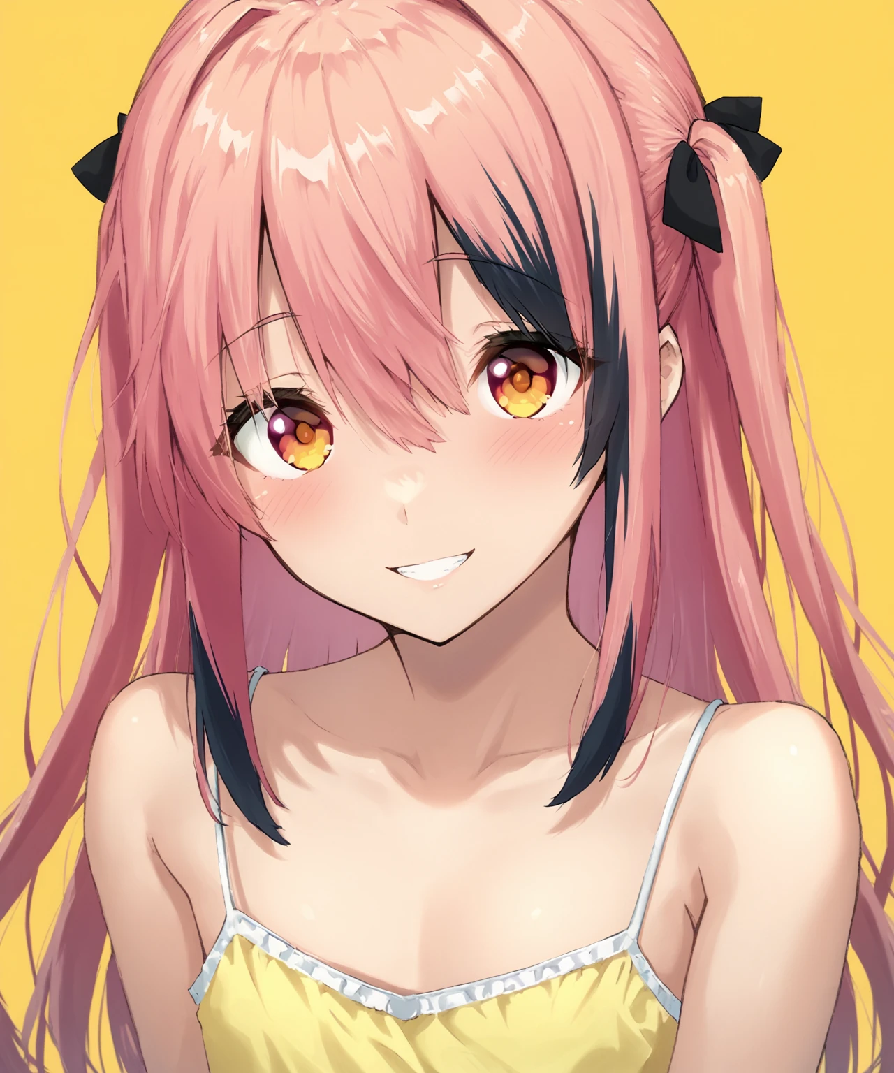 <lora:urotanc:1.0>,urotanc,BREAK,trap,blush,yellow background,abstract background,highlights, pink hair,orange eyes,long hair,sidelocks,hair ribbon, looking at viewer,blush,camisole,smile,upper body