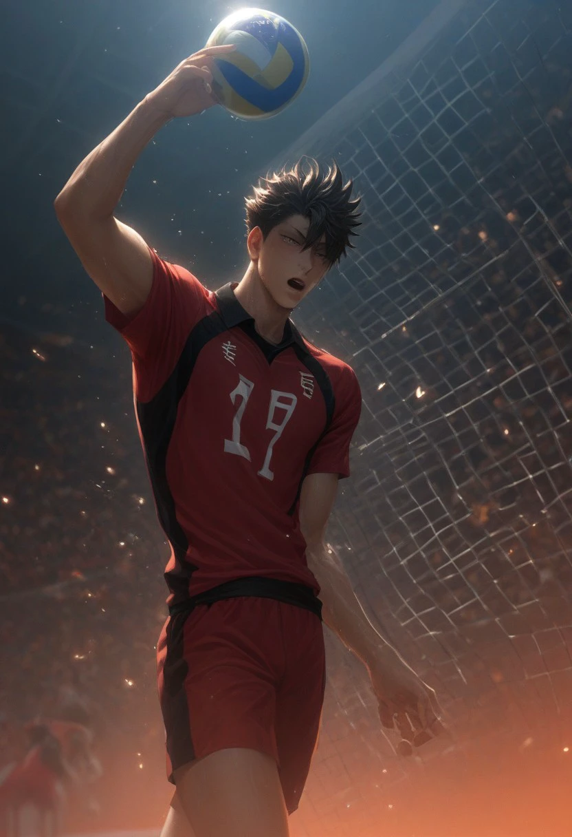 ((fully clothed, volleyball costume, smashing volleyball, volleyball, volleyball court, open mouth, in the air, floating in the air)) score_9, score_8_up, score_7_up, anime, 19 year old , ((1boy, solo)), male focus, slim toned male, 1boy, toned male, kuroo_(haikyuu!!), male focus, tan skin, solo, toned, broad shoulders, black hair, spiky hair, one sided bangs, masculine jawline, slender, ripped, athletic, solo)), ((college sweat after Quidditch game, wet)), Macro detailed realism style photograph, soft lighting, 1man, restraining viewer, chest close to viewer, heavy breathing, soft bright lighting, looking down, front view, role as top, masculine, intimidating, confident, sweating, sweaty, heavy breathing, steaming, drenched in sweat, wet by sweat, score_9,score_8_up,score_7_up, source_anime, male focus, Muscular, big thigh, big chest, hung, manly, tall, detailed eyebrow, sharp eyebrows, focus on thigh, from below,