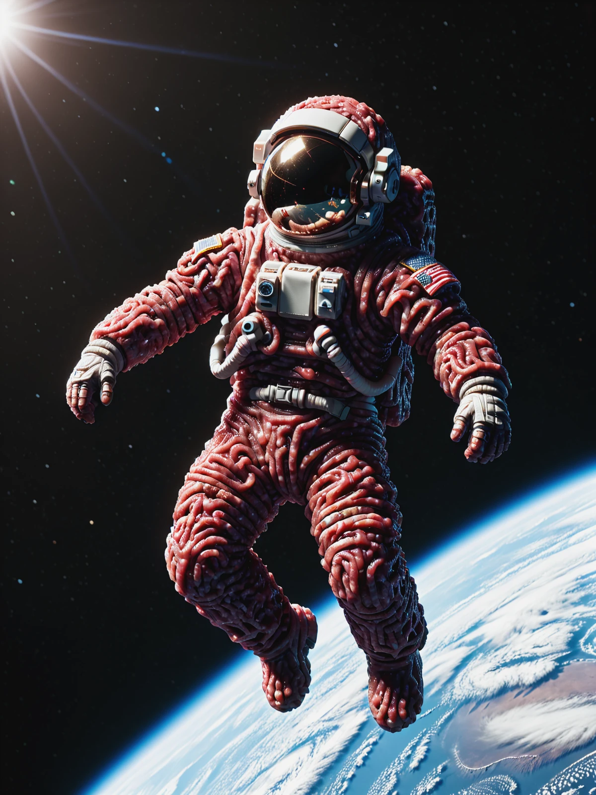 mad-mince astronaut floating in space over earth <lora:Alles_wird_aus_Hack_gemacht_SDXL:1>, (masterpiece:1.2), best quality