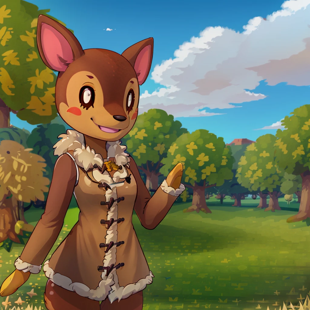 fauna \(animal crossing\), deer, anthro, brown coat, brown fur, sleeveless coat, smile, looking at viewer, waving, flat chest, grass, trees, clouds, outdoors, house, happy