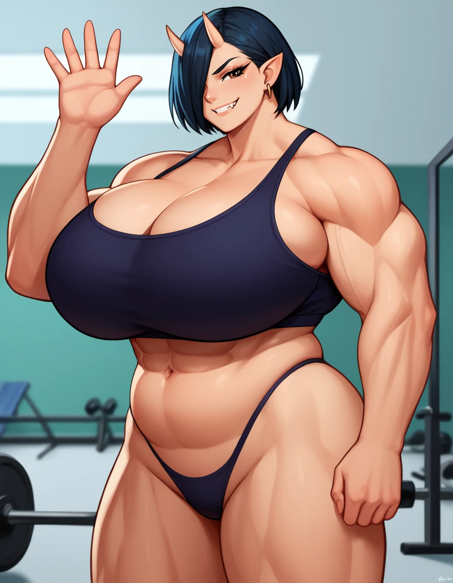 score_9, score_8_up, score_7_up, source_anime
1girl,gigantic breasts,sports bra,highleg thong,waving,smirk,looking at viewer, gym,cowboy shot, 
<lora:oga PonyXL:1> oga, pointy ears, oni, skin-covered horns, muscular female, short hair, black hair, earrings,brown eyes,plump,hair over one eye,