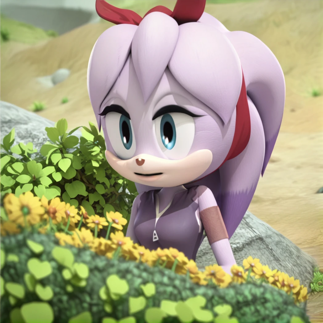 score_9, score_8_up, score_7_up, score_6_up, score_5_up, score_4_up, BREAK,  <lora:percibandicoot:1>,  perci bandicoot, 1girl, solo, hairband, bush, field, animal nose, flower field, sideways mouth,  purple hair, blue eyes, short hair, furry female, hair ribbon , purple fur, body fur, outside,