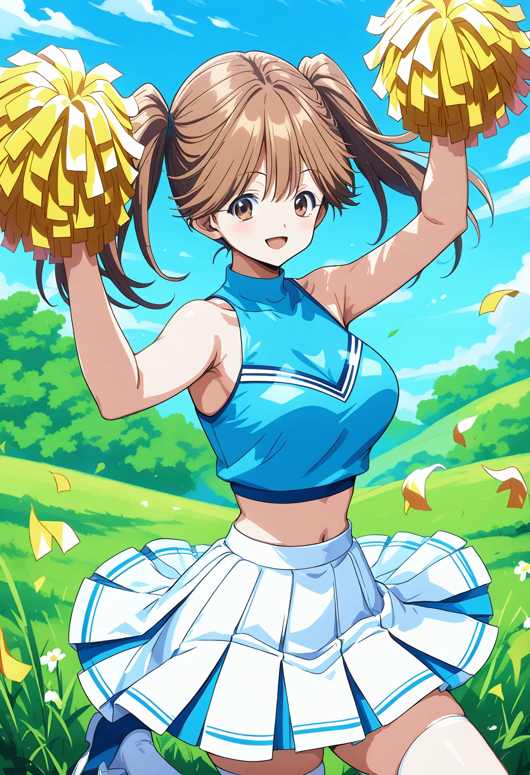 masterpiece, best quality, <lora:makuradajunko-nvwls-v1-000009:1> makurada junko, large breasts, blue crop top, midriff, cheerleader uniform, blue pleated skirt, blue boots, pom pom \(cheerleading\), blue sky, trees, park, closed eyes, :D, raised arm, solo