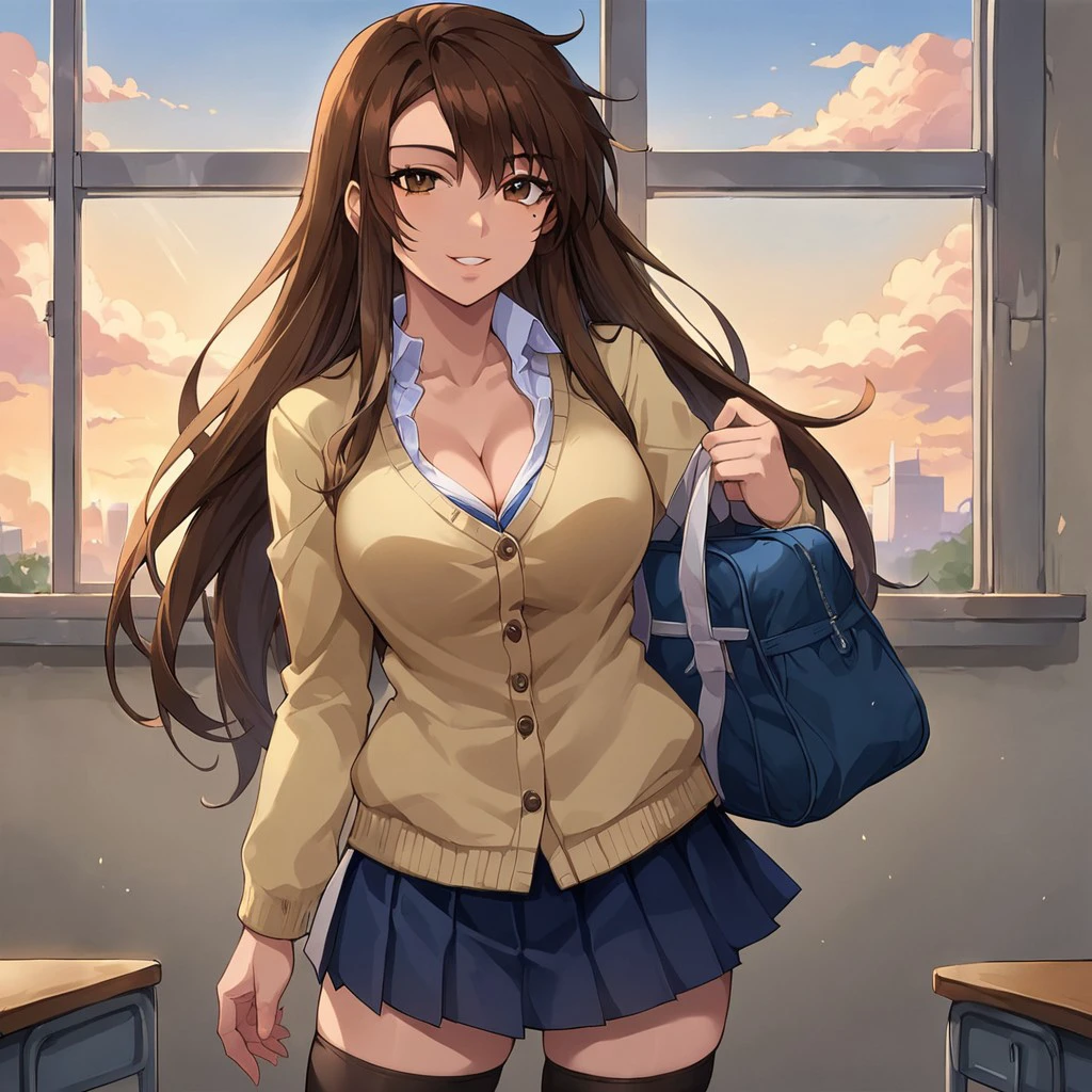 score_9, score_8_up, score_7_up, source_anime, kanako, brown hair, long hair, brown eyes, mole under eye, school uniform, pleated skirt, thighhighs, cleavage, classroom, window, clear sky, clouds, smile, parted lips, looking at viewer, cowboy shot, dutch angle, solo,