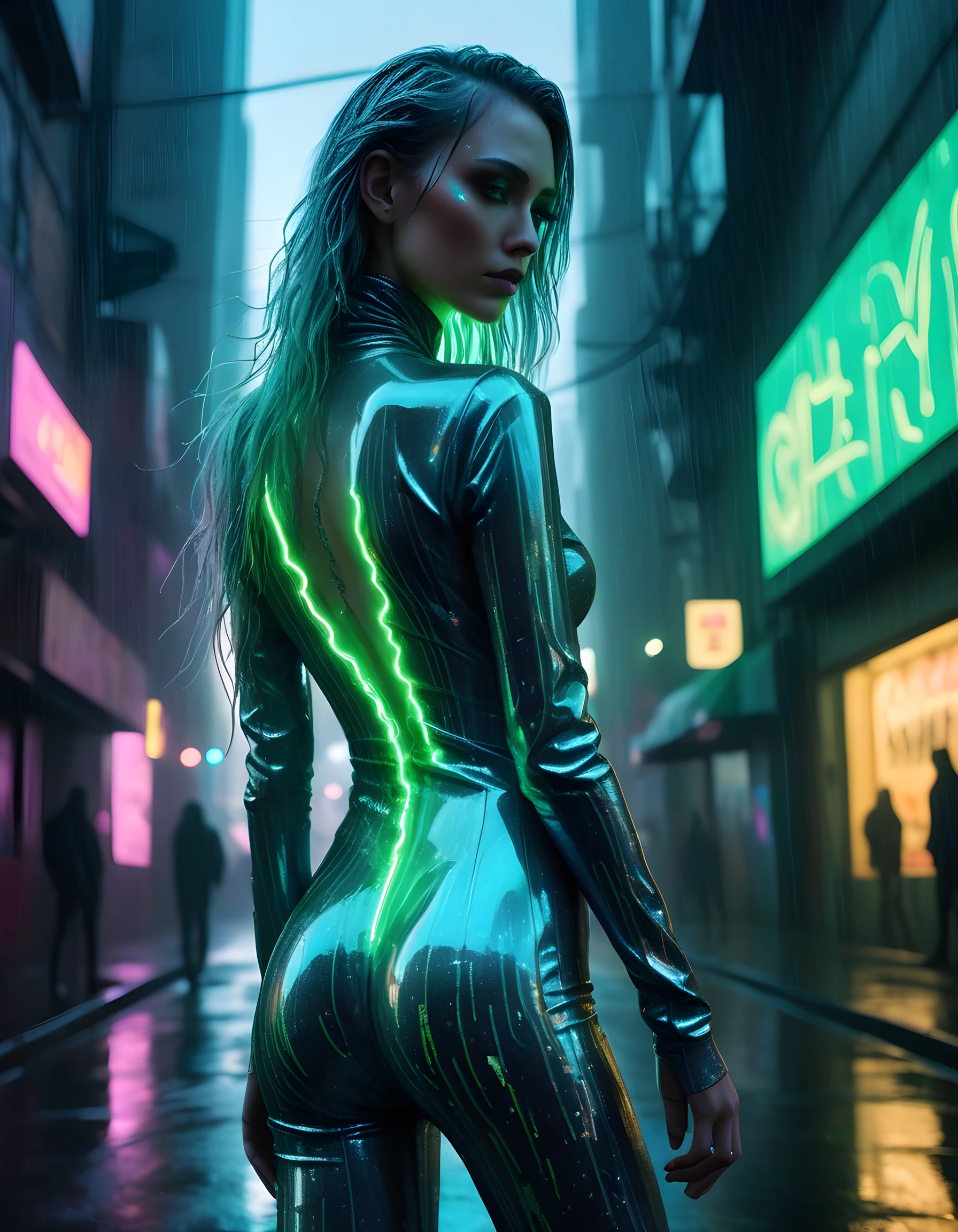 In a surreal, neon-lit cyberpunk metropolis, C4M1LL4, a woman dressed in a shimmering, iridescent catsuit adorned with glowing circuit patterns and glowing neon tendrils cascading down her back, stands defiantly against the gritty, rain-soaked pavement. Her piercing green eyes locked onto the viewer, her chrome-plated hand clenched into a tight fist, while the city's towering holographic advertisements flicker and pulse behind her, casting an eerie glow on her metallic visage, creating a hauntingly beautiful and intense image that captures the essence of both power and vulnerability.