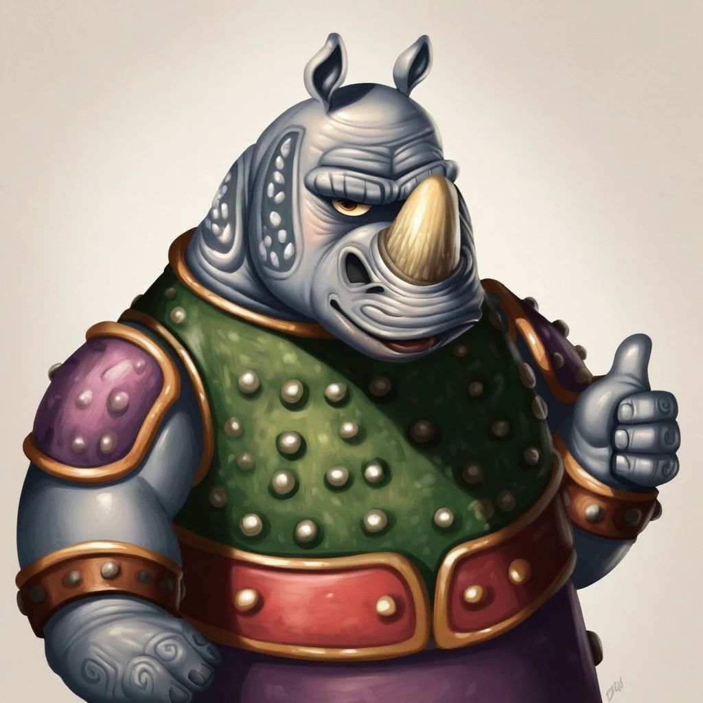 score_7_up, score_8_up, digital painting, detailed, upper body,
BREAK
1boy,  packrhino, rhinoceros, horn, gruff, skin markings, armor, thumbs up, looking at viewer, simple background,