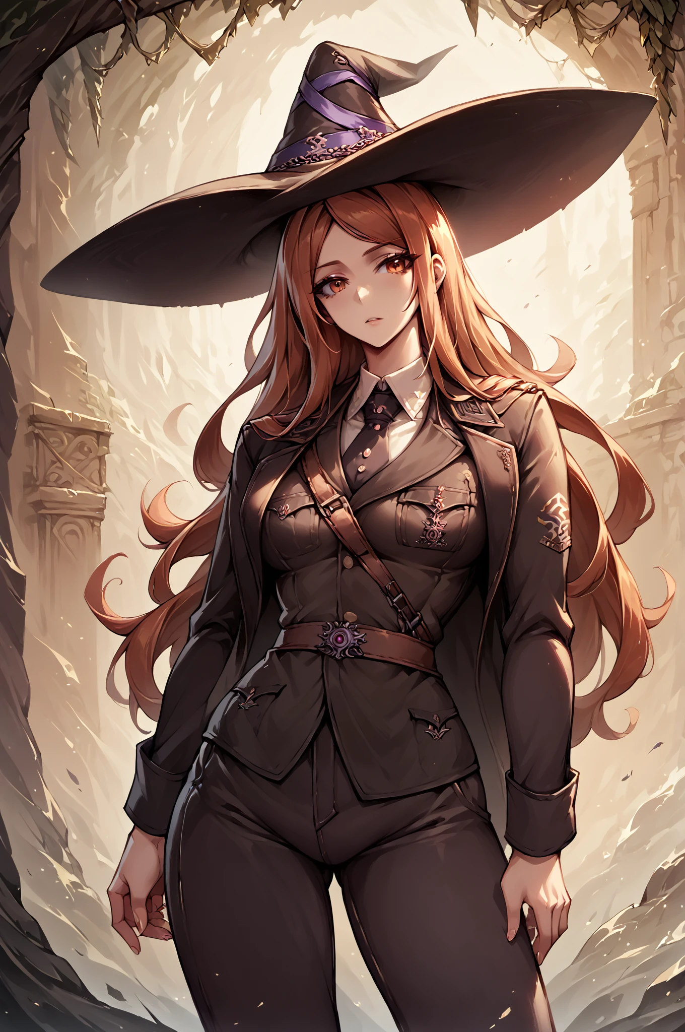 score_9, score_8_up, score_7_up, score_6_up, score_5_up, score_4_up, (high quality, detailed, beautiful) dragons_crown_sorc, cowboy_shot, <lora:BMU:0.99> bmu, military uniform, pants, witch_hat, jacket,  <lora:DCSoc2-000007:0.99>