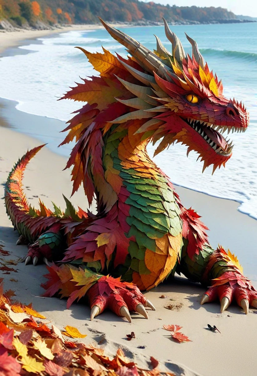 4UTUMNL34V3S, dragon made of autumn leaves, set at the beach, ,Masterpiece,best quality, photo, realistic, very aesthetic