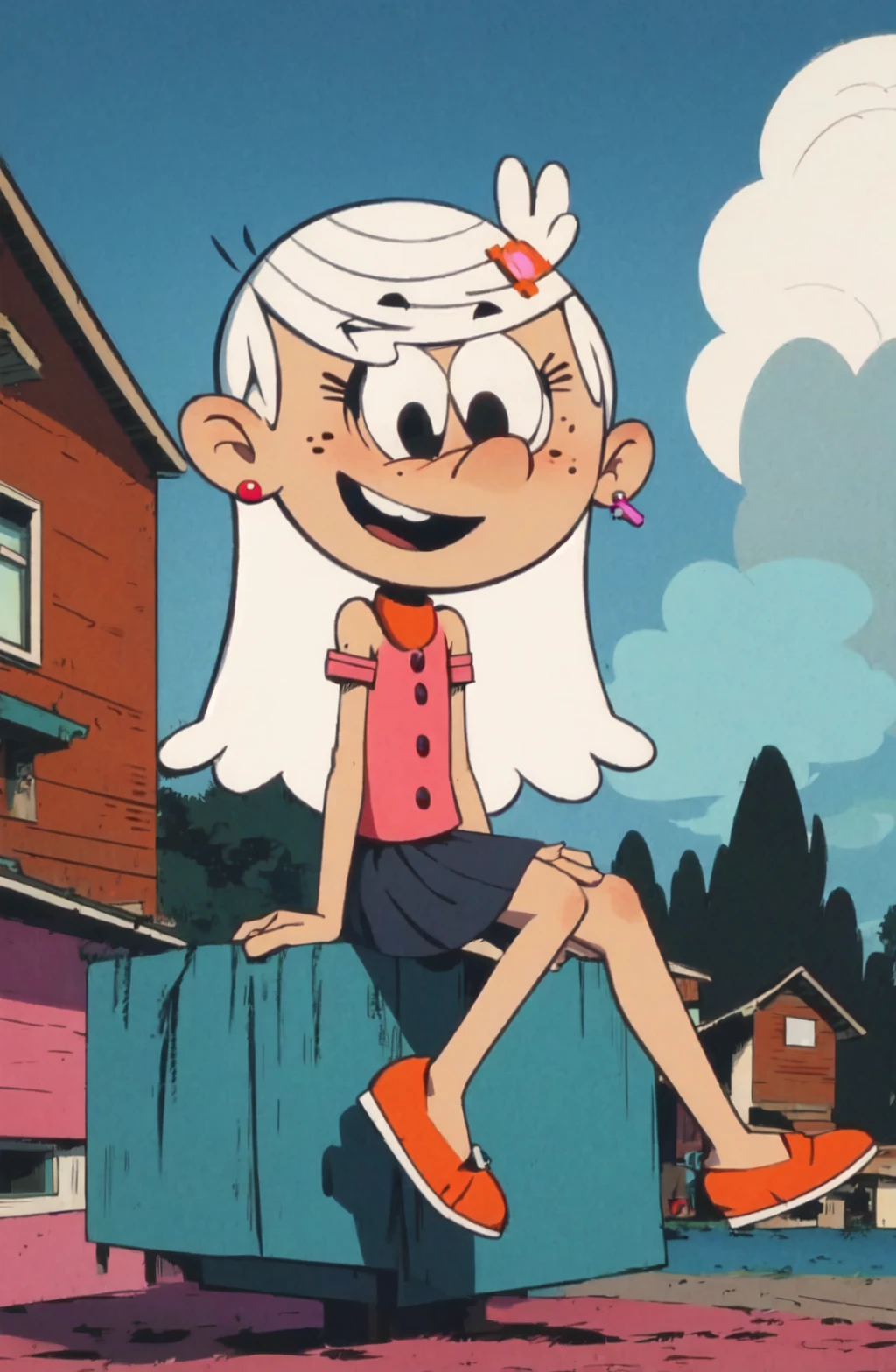 <lora:Linka Loud SD15_V1:1> Linka Loud, smile, skirt, shirt, sleveeless, jewelry, sitting, white hair, long hair, earrings, outdoors, sky, cloud, buttons, freckles, buck teeth, bare shoulders