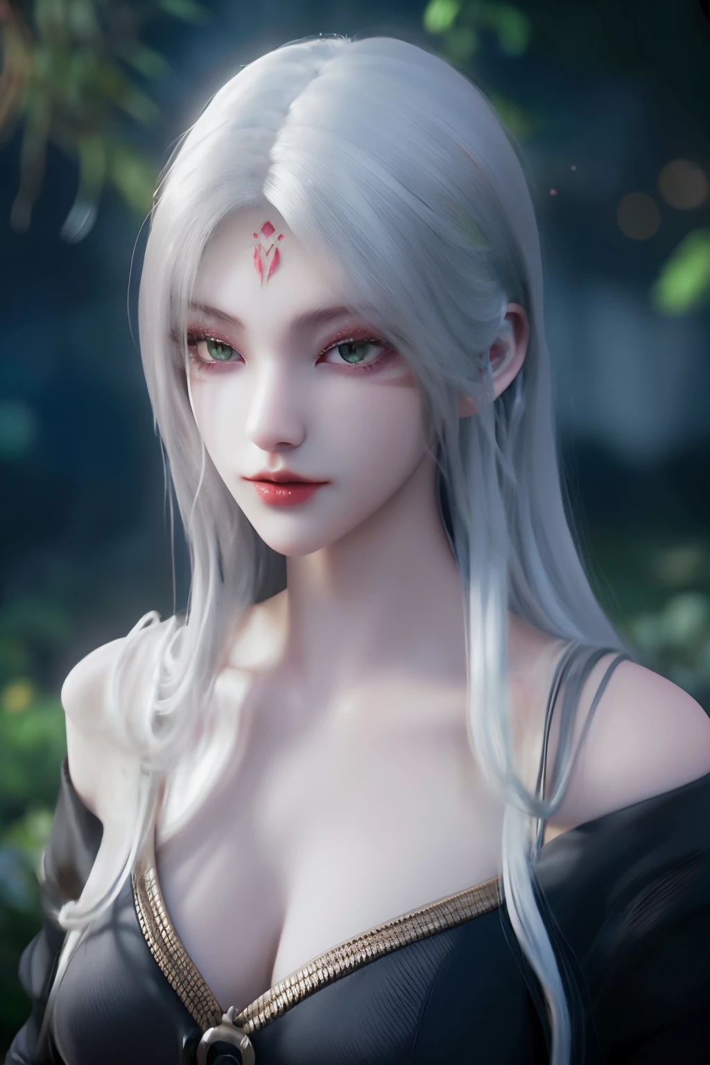 <lora:XiaoBai-SD1:1>,
xiaobai,1girl,solo,long hair,white hair,green eyes,(facial mark:1.1),simple background,red lips,upper body,Character details,lips,closed mouth,makeup,looking at viewer,realistic,forehead mark,shoulder,Detailed carving of forehead pattern,black background,cleavage,big breasts,hanging breasts,bouncing breasts,, best quality , masterpiece, illustration, an extremely delicate and beautiful, extremely detailed ,CG,unity,8k wallpaper, Amazing, finely detail, masterpiece, best quality,official art,extremely detailed CG unity 8k wallpaper,absurdres, incredibly absurdres, huge filesize , ultra-detailed, highres, extremely detailed,beautiful detailed girl, extremely detailed eyes and face, beautiful detailed eyes,light on face,