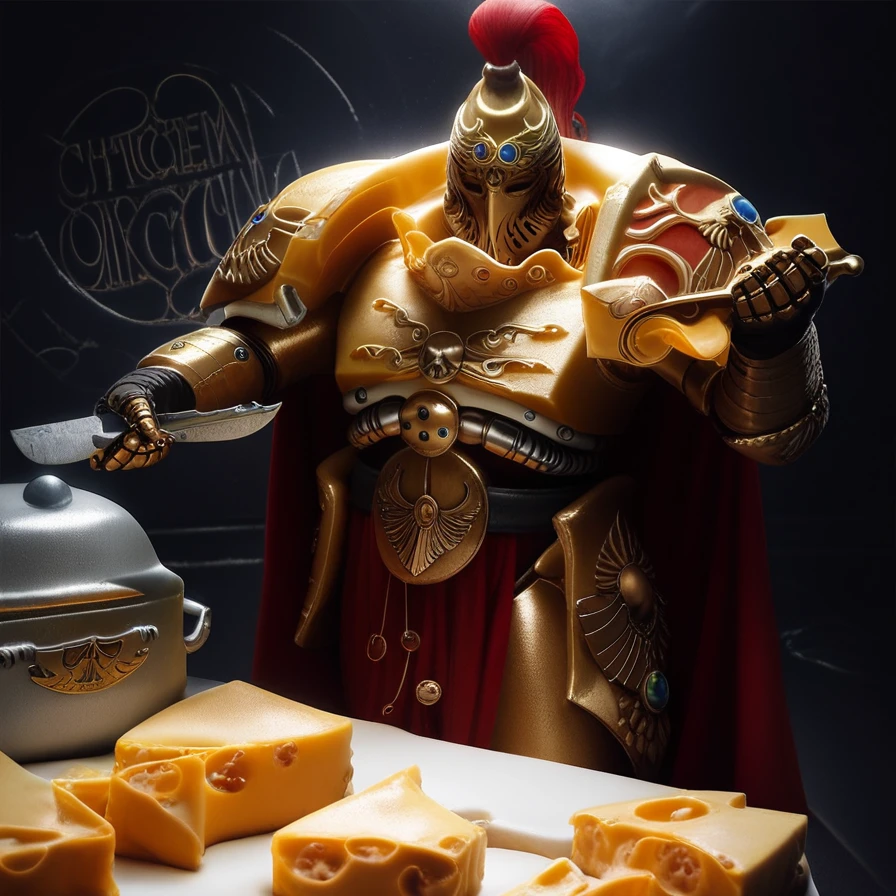 score_9, score_8_up, score_7_up,   detailed background,  realistic lighting, background: kitchen, 
(1 boy),
<lora:Cheese:1.5>, cheese, metal cheese, 
 <lora:Adeptus_Custodes_WH40K:1> adeptus custodes, golden armor, wh40k, red cape, winged armor, gold armor, cheese in hand, cheese in background, cheese armor, helmet, madness,