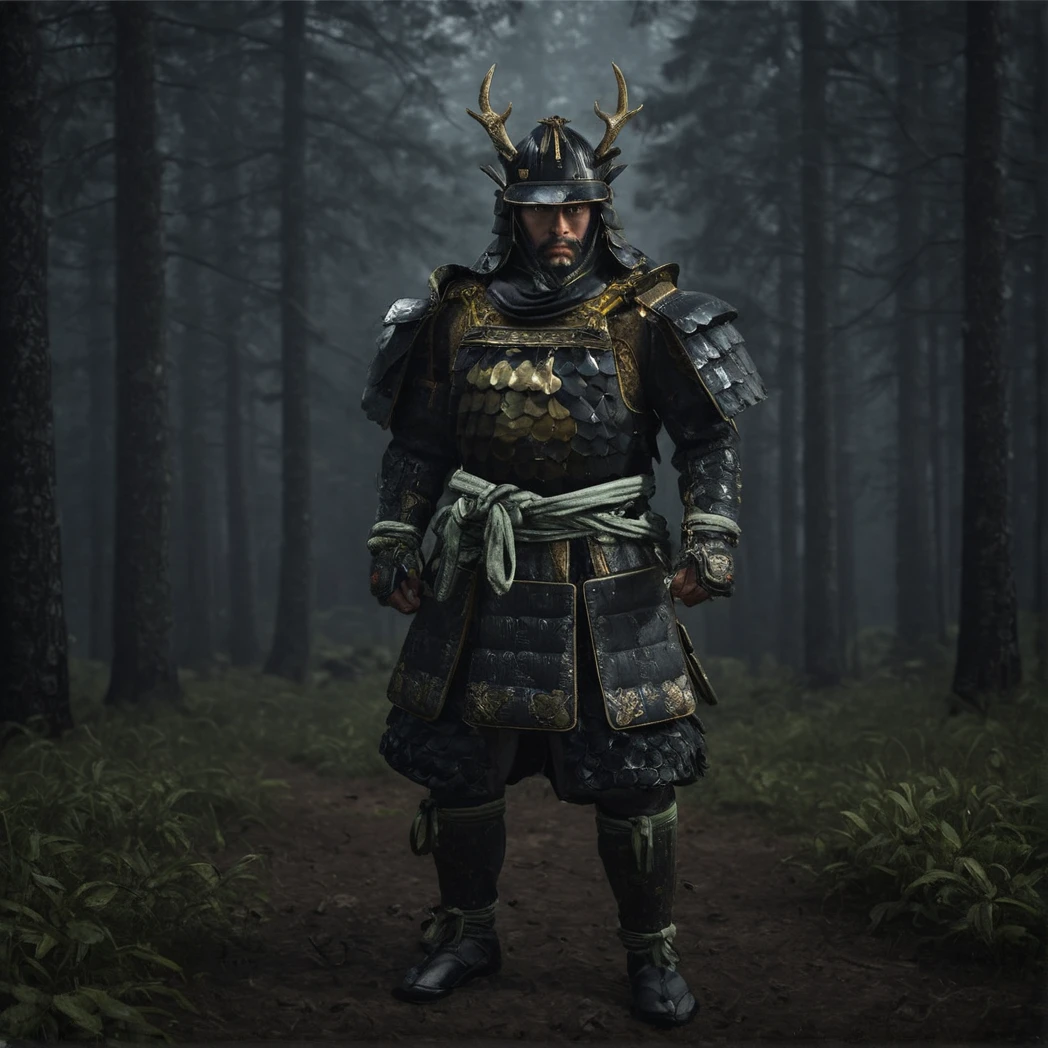 Edo, Shogun, Japanese Edo period, Japanese Male, Samurai armor, Front-facing, Front, moody forest, (UHD, 8K, ultra detailed, looking at the camera, highly detailed, best quality, best aesthetic, high detail, amazing detail, masterful, work of a master, highly detailed background, shallow depth of field, photorealistic, RAW image, 
8k high resolution, ray tracing, realistic, mid day, volumetric lighting), badneg-xl,