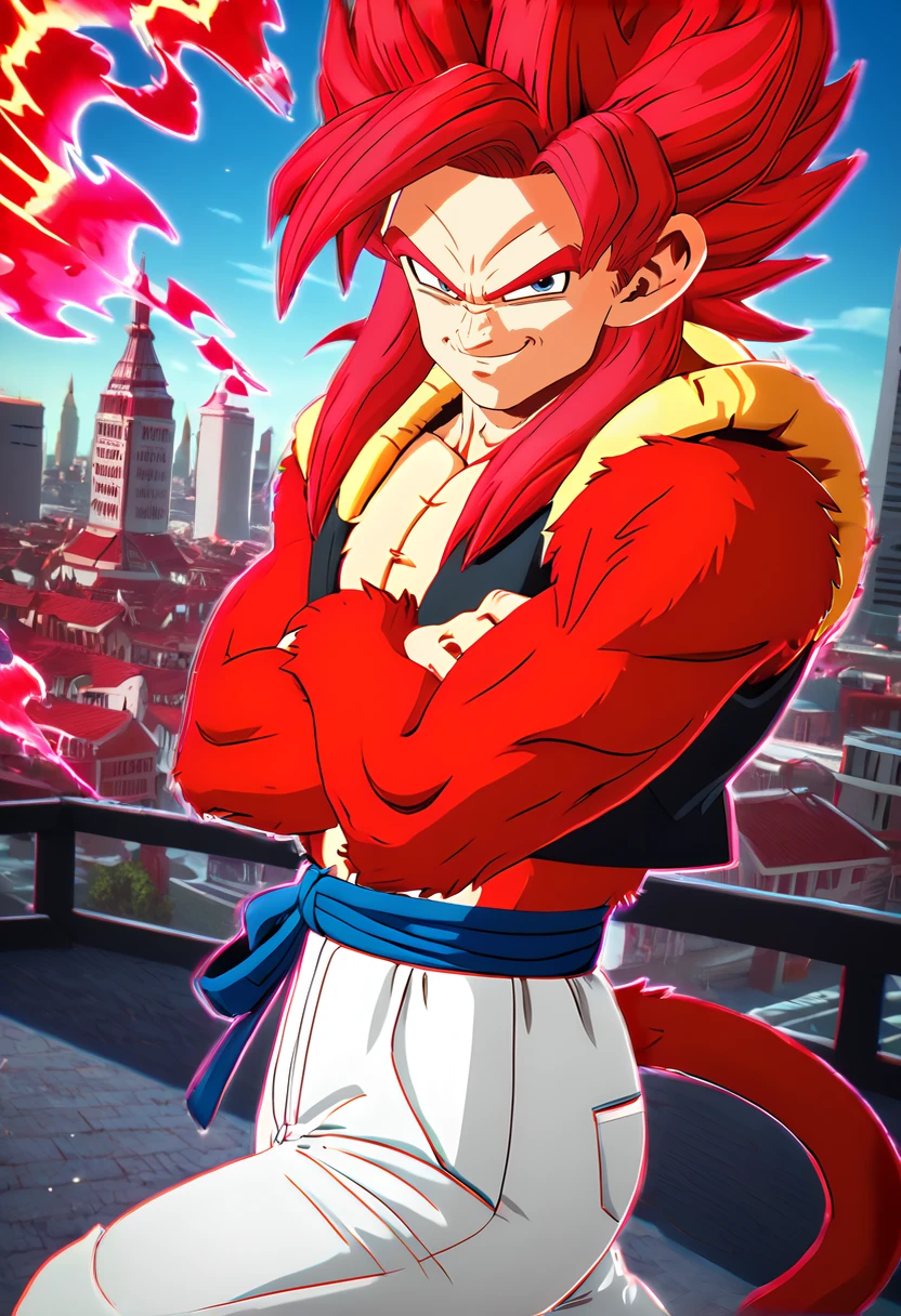 score_9, score_8_up, score_8,
 city, 
 <lora:Sparking_Zero_Style_for_PonyXL:0.8> sp4rk1ngz3r0, chromatic aberration, detailed background, 
<lora:SSJ4_Gogeta_Pony:0.8>gogeta_ssj4, male focus, solo, body fur, red hair, monkey tail, smirk, red fur, white pants, aura,