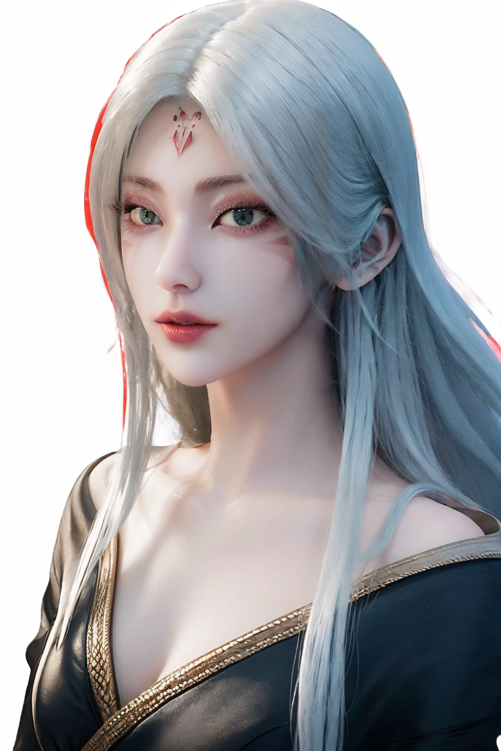 <lora:XiaoBai-SD1-000001:1>,
xiaobai,1girl,solo,long hair,white background,facial mark,breasts,simple background,cleavage,unbuttoned clothes,green eyes,white hair,Character details,upper body,japanese clothes,red lips,forehead mark,lips,looking at viewer,closed mouth,makeup,kimono,collarbone,blue hair,shoulder,Detailed carving of forehead pattern,, best quality , masterpiece, illustration, an extremely delicate and beautiful, extremely detailed ,CG,unity,8k wallpaper, Amazing, finely detail, masterpiece, best quality,official art,extremely detailed CG unity 8k wallpaper,absurdres, incredibly absurdres, huge filesize , ultra-detailed, highres, extremely detailed,beautiful detailed girl, extremely detailed eyes and face, beautiful detailed eyes,light on face,