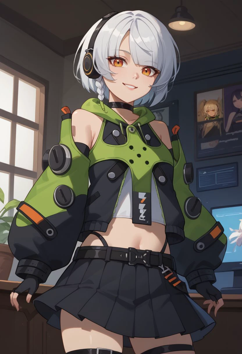 score_9, score_8_up, score_7_up, source_anime, 1girl, anbydef, orange eyes, white hair, short hair, side braid, headphones, black choker, bare shoulders, detached sleeves, puffy long sleeves, green jacket, crop top, midriff, black belt, black miniskirt, pleated skirt, highleg panties, thigh strap, black thighhighs, black gloves, fingerless gloves, standing, smile, looking at viewer, indoors, portrait, close-up, facing viewer, <lora:Anby_v1-000010:1>