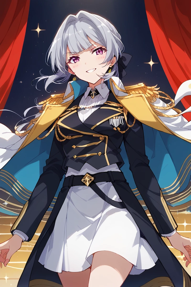 score_9, score_8_up, score_7_up, score_6_up, 1girl,
 <lora:Akira_Yukishiro:0.9> akira, grey hair, epaulettes, jacket, stage outfit, white skirt, color lights, red curtain,