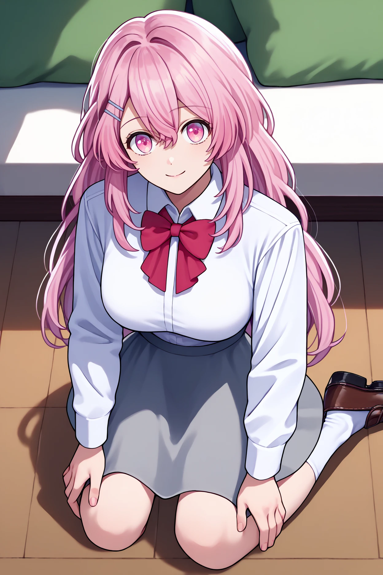 score_9, score_8_up, score_7_up, score_6_up, source_anime, 1girl, solo,  <lora:kotobukiminami-pdxl-nvwls-v1-000006:1> mkoto, pink hair, long hair, hairclip, white shirt, collared shirt, long sleeves, red bowtie, red ribbon, grey skirt, breasts, kneeling, socks, loafers, looking at you, floor mat, indoors, smile, hands on knees