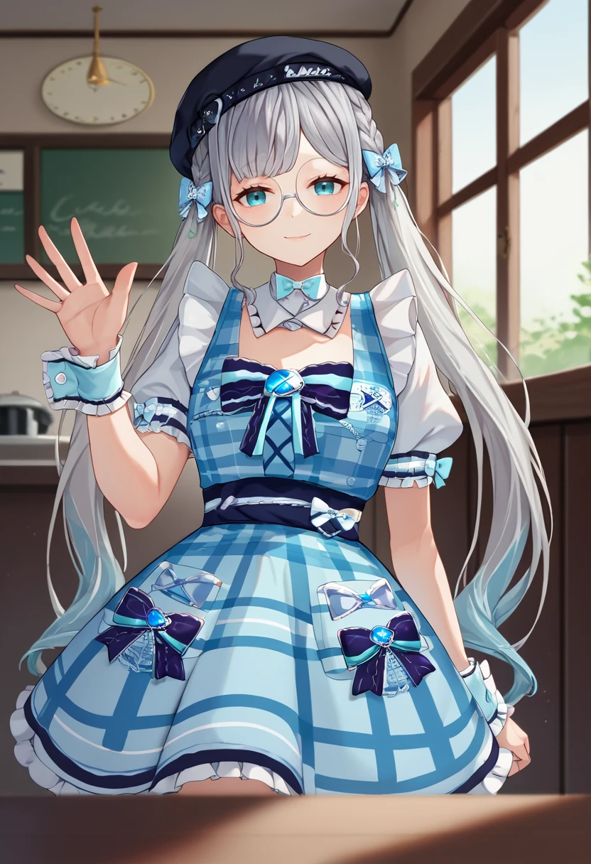 score_9, score_8_up, score_7_up, source_anime, solo, 1girl, kaga5th, smile, looking at viewer, waving, long hair, grey hair, twintails, braid, hair bow, blue bow, black headwear, beret, glasses, round eyewear, frills, blue dress, plaid dress, puffy short sleeves, wrist cuffs, indoors, cafe <lora:vspo_sumirekaga_ponyXL-a2-000006:1>