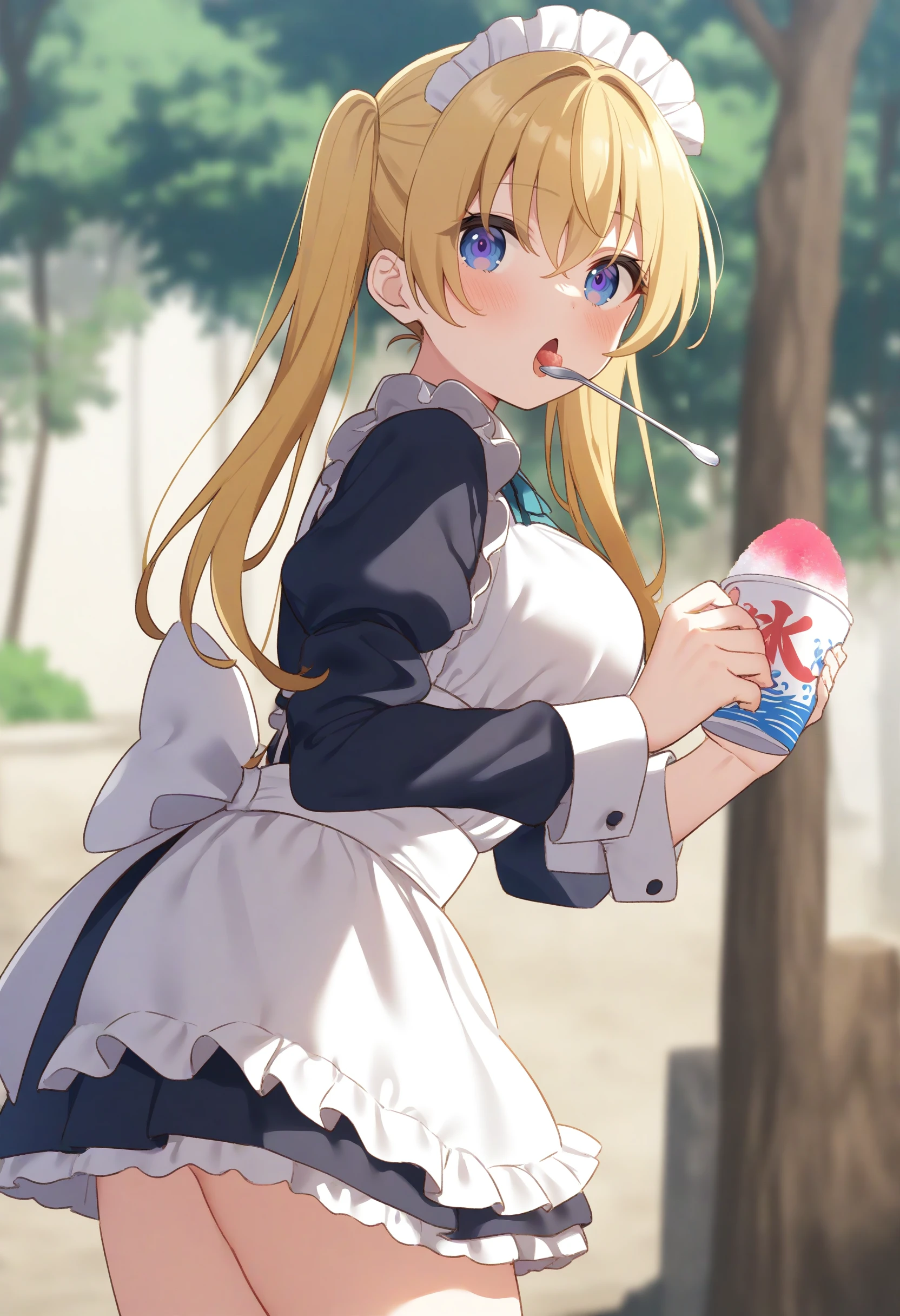 1girl,sincos, ningen mame, toosaka asagi,solo,large breasts,20yo,maid,maid headdress,
shaved ice,<lora:shavedice_XL_v1:0.8>
holding drinking straw, spoon straw, eating,
from behind, wide shot, looking to the side, blonde hair, purple eyes,kubrick stare, roads in the forest, open mouth, side hair,,
best quality, very aesthetic, absurdres