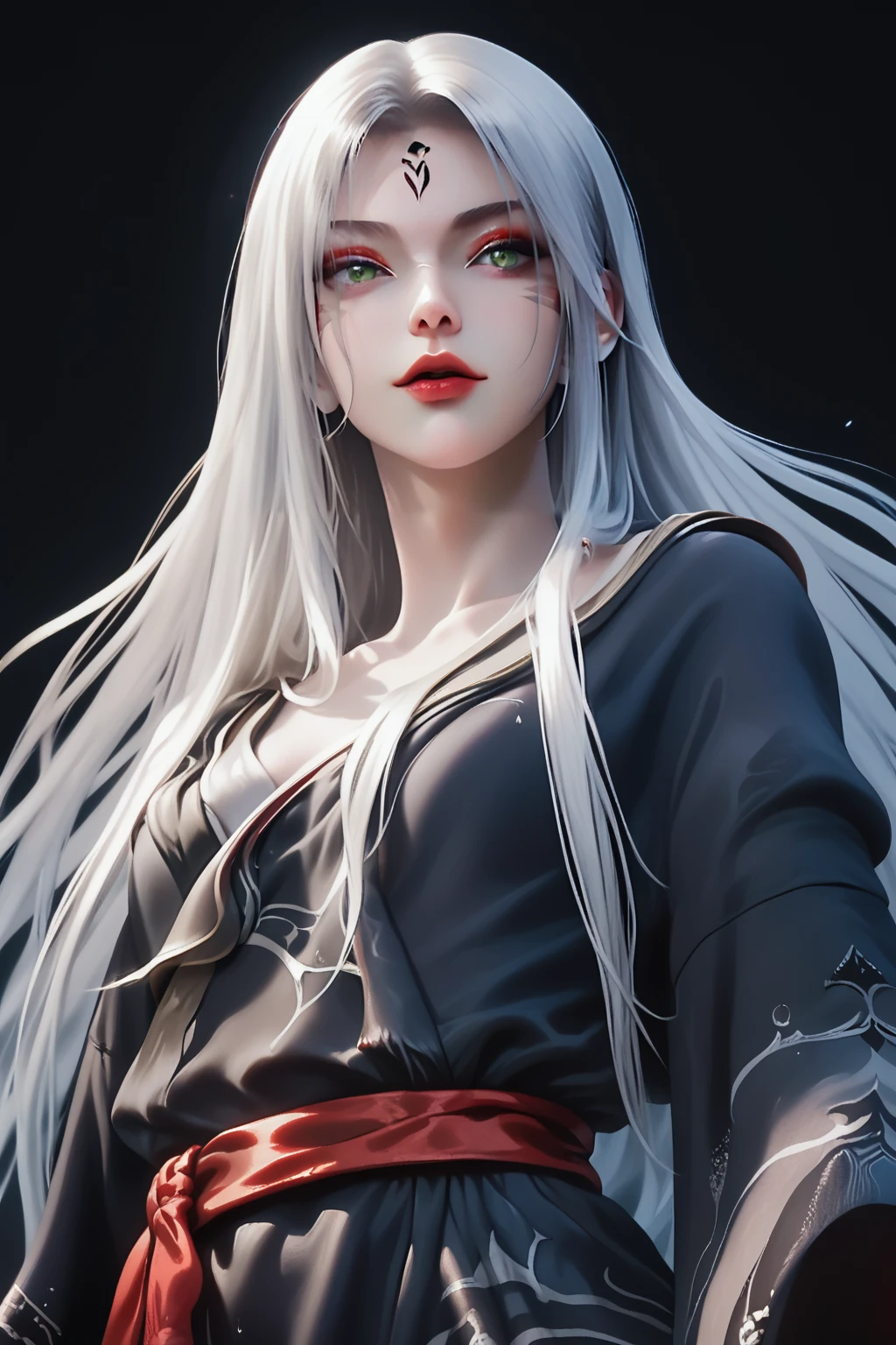 score_9,score_8_up,score_7_up,
<lora:XiaoBai_Pony-000001:1>,
xiaobai,1girl,solo,long hair,from below,white hair,wide sleeves,simple background,long sleeves,looking at viewer,light smile,forehead mark,red lips,looking down,red belt,chinese clothes,black robe,embroidery,robe,breasts,lips,dress,sash,standing,parted lips,parted bangs,(makeup:1.1),straight hair,clothing details,waist dress,black background,green eyes,(facial mark:1.2),