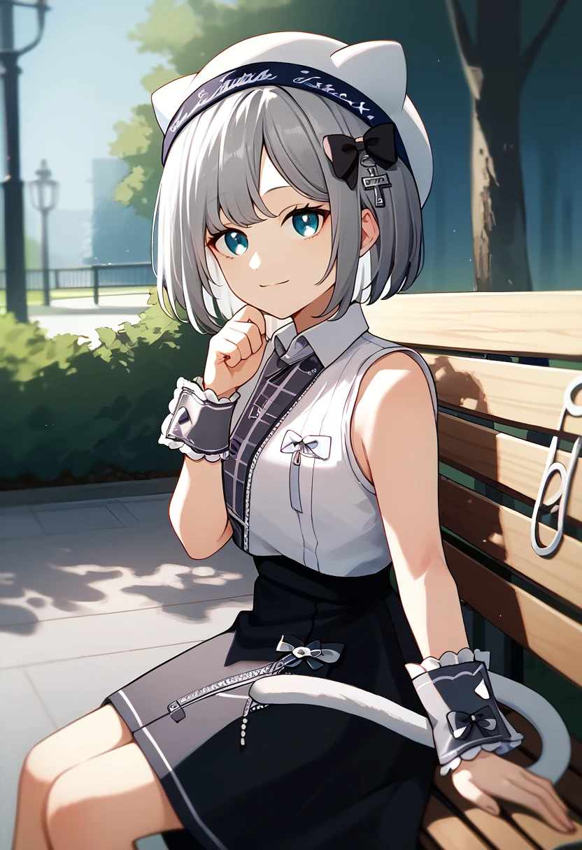 score_9, score_8_up, score_7_up, solo, 1girl, kaga1st, smile, looking at viewer, sitting, park bench, short hair, grey hair, hair bow, black bow, white headwear, animal hat, white shirt, sleeveless shirt, collared shirt, wrist cuffs, black skirt, cat tail, bare shoulders, outdoors <lora:vspo_sumirekaga_ponyXL-a2-000006:1>