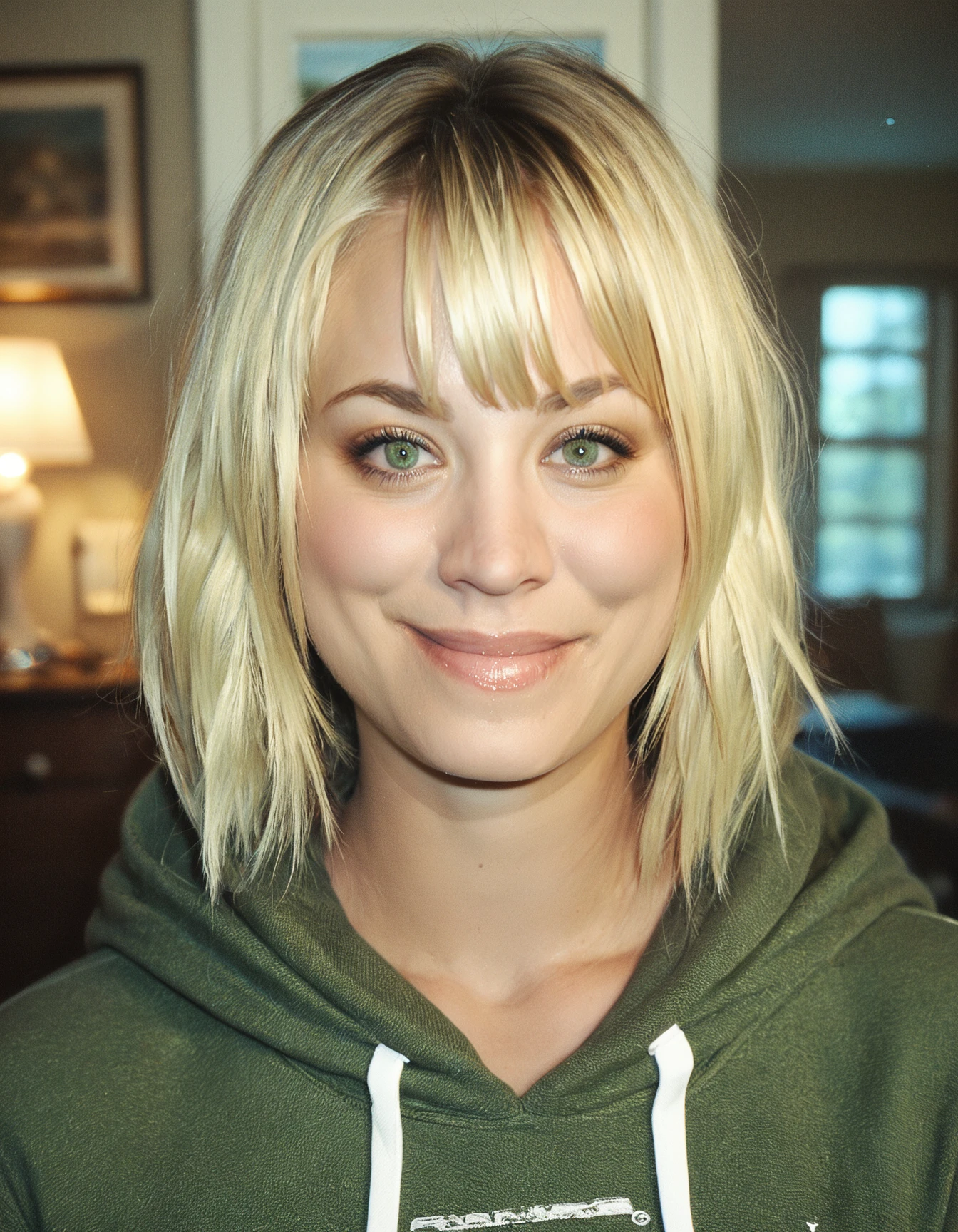 score_9, score_8_up, score_7_up, ohwx, 1girl, realistic, upper body, light-smile, blonde diagonal bangs, green eyes, <lora:CrunchyBanana_PONY_kaley_cuoco_v2:1>, indoors, hoodie, rating_safe