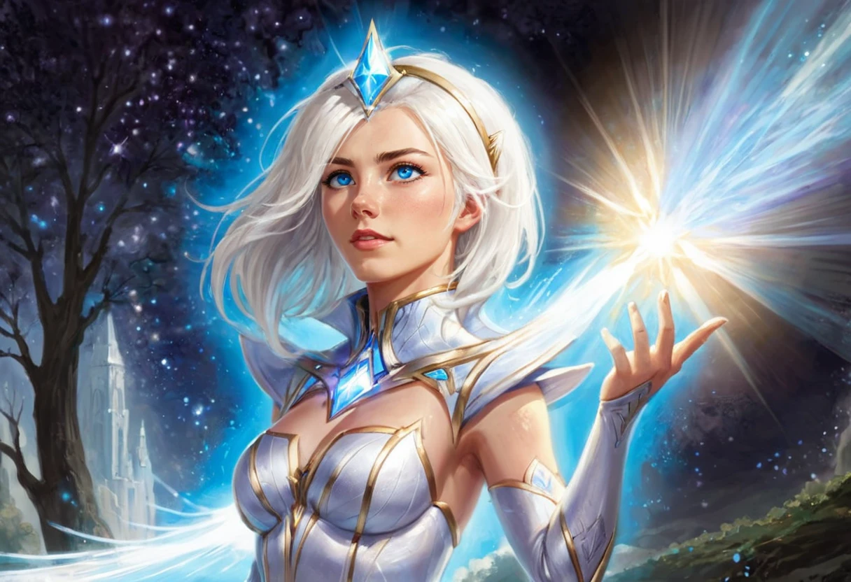 RPG Concept Art of Lightlux, striking blue eyes, white hair tips, standing on the left, profile view, casting a magical beam of light <lora:Elementalist_Lux:0.8>