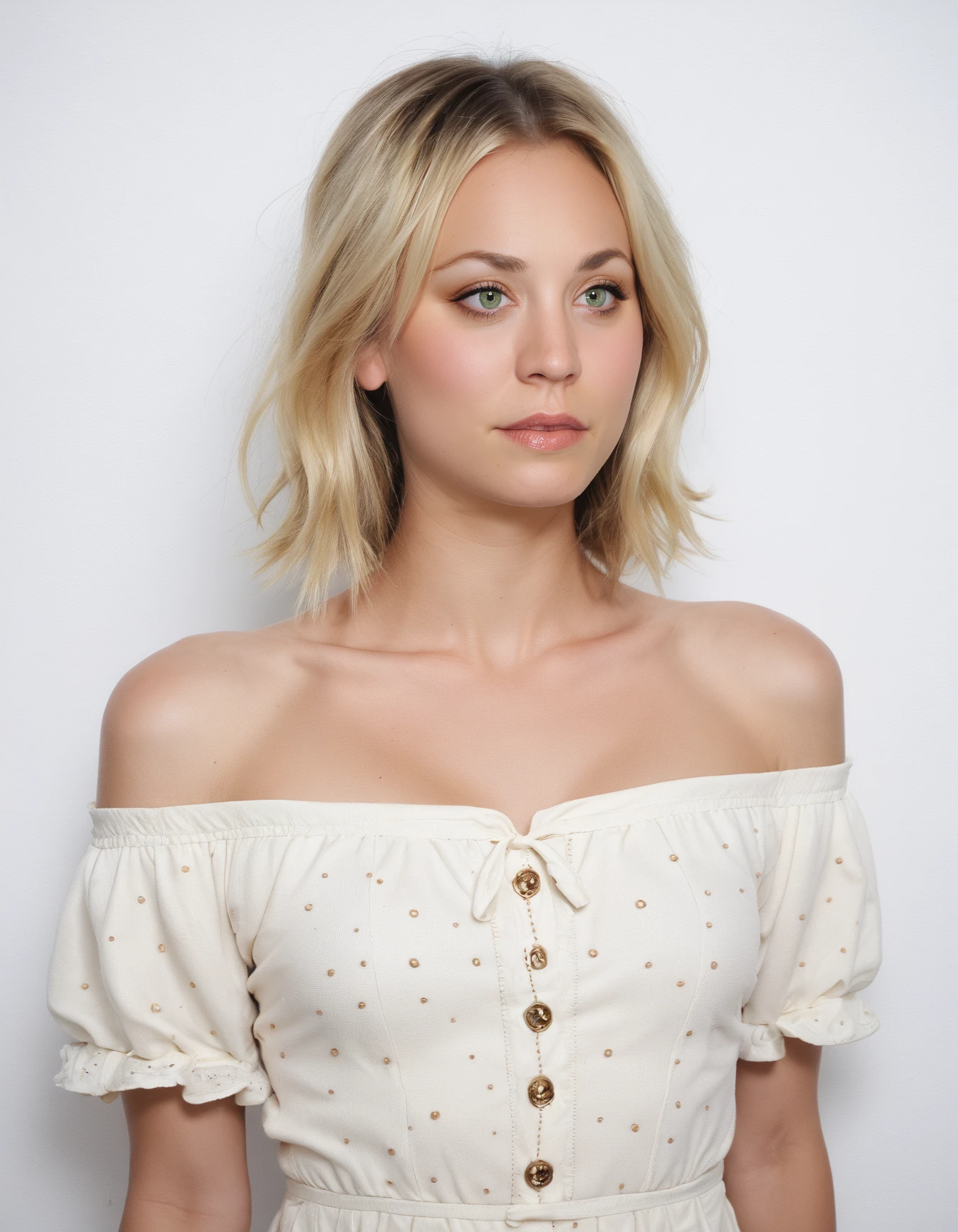 score_9, score_8_up, score_7_up, ohwx, 1girl, slim, realistic, upper body, blonde parted bangs, (green:0.4) eyes, <lora:CrunchyBanana_PONY_dora_kaley_cuoco:1>, white background, off-shoulder dress, rating_safe