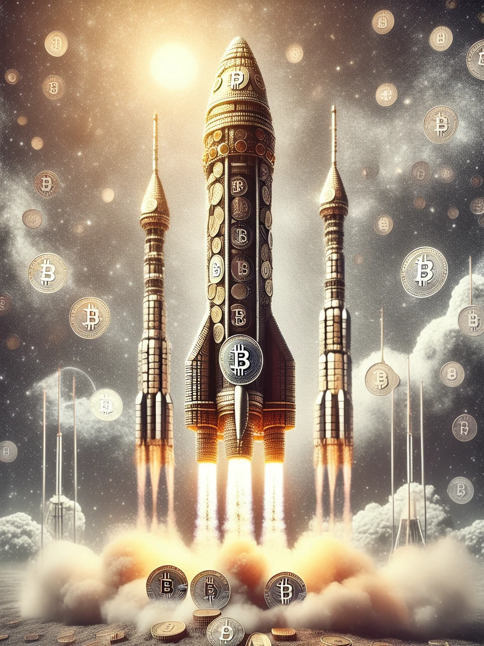 bitcoined rocket taking off to the sky, top quality, masterpiece, artistic photorealism, artistic blur, strong environmental light, monochrome, , aesthetic