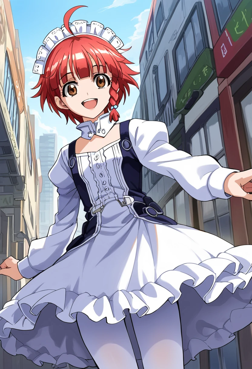 score_9, score_8_up, score_7_up, source_anime BREAK 1girl, solo, crossange_vivian, cowboy shot, white gothic dress, frilled dress, long sleeves, headdress, white pantyhose, red hair, bangs, ahoge, short hair, single braid, brown eyes, looking at you, smile, open mouth, city <lora:crossange_vivian:0.8>